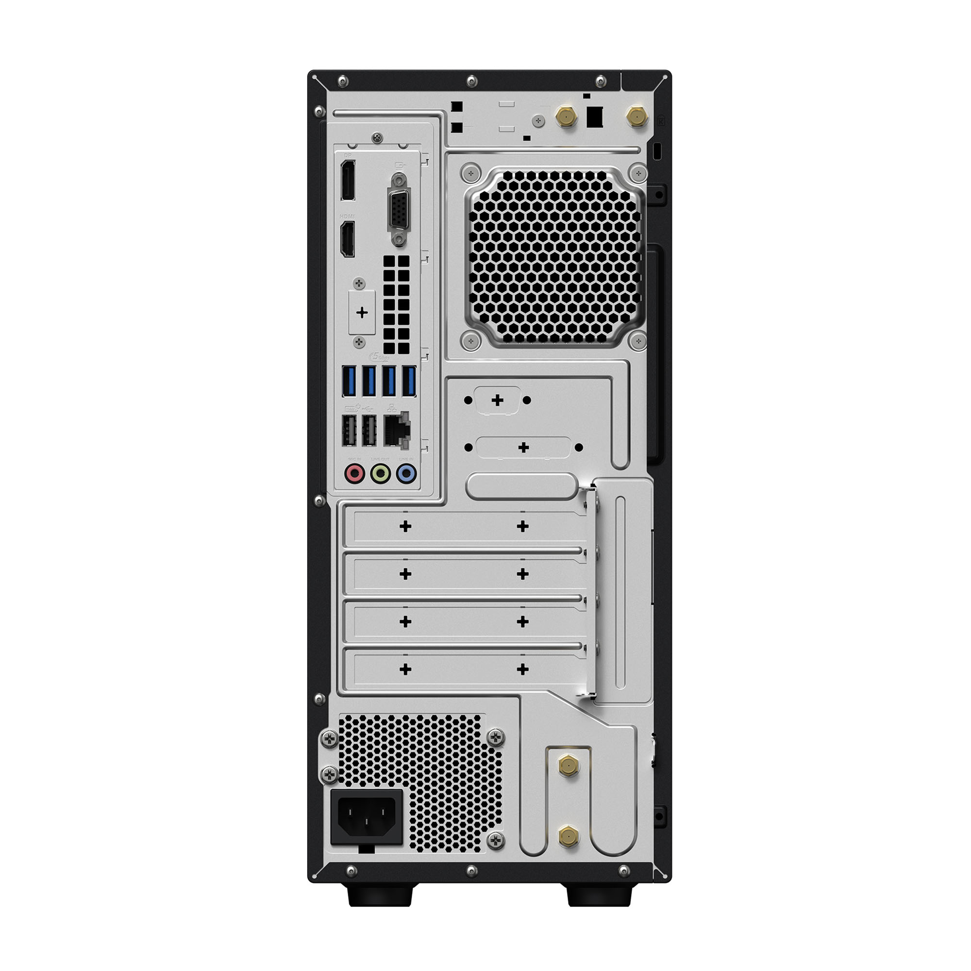 Siyah bilgisayarın arkası: HDMI, VGA, USB, Ethernet, ses bağlantı noktaları.
