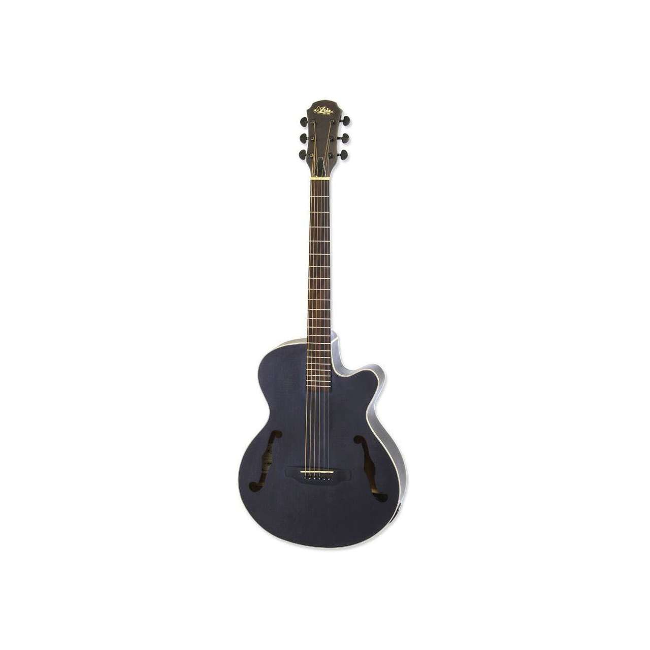 Altı telli, açık gövdeli koyu renkli akustik gitar.