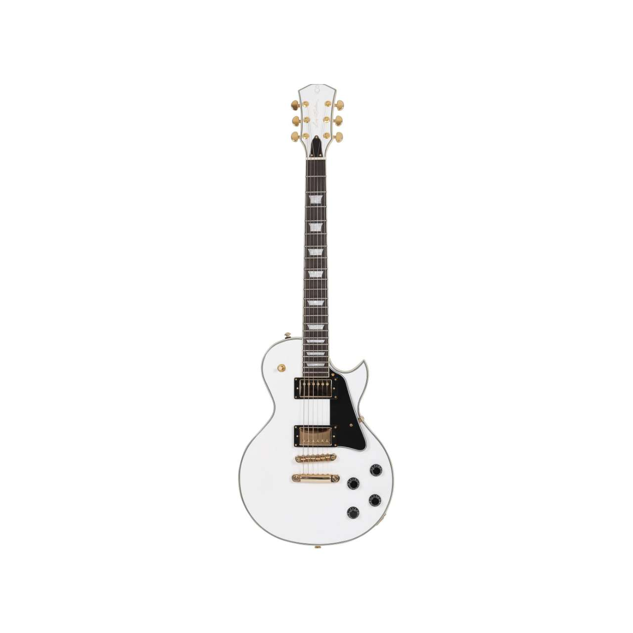 Altın donanım ve siyah pena korumalı beyaz elektro gitar.