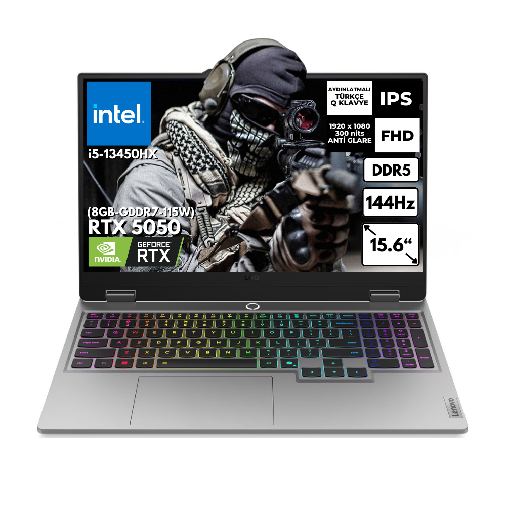LENOVO LOQ 15IRX10 DDR5 RTX5050 Full HD 83JE00JLTRAT47 Intel Core I5-13450HX 24 GB RAM 512 GB SSD 15,6 inç Windows 11 Home Gaming Laptop Gri