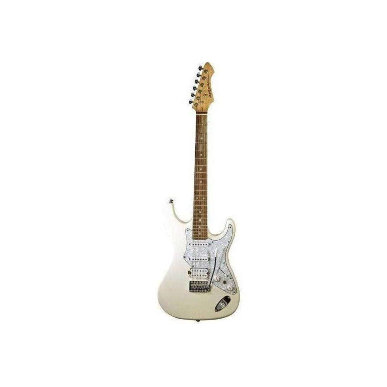 Gümüş pena korumalı beyaz elektro gitar ve kahverengi klavyesi.