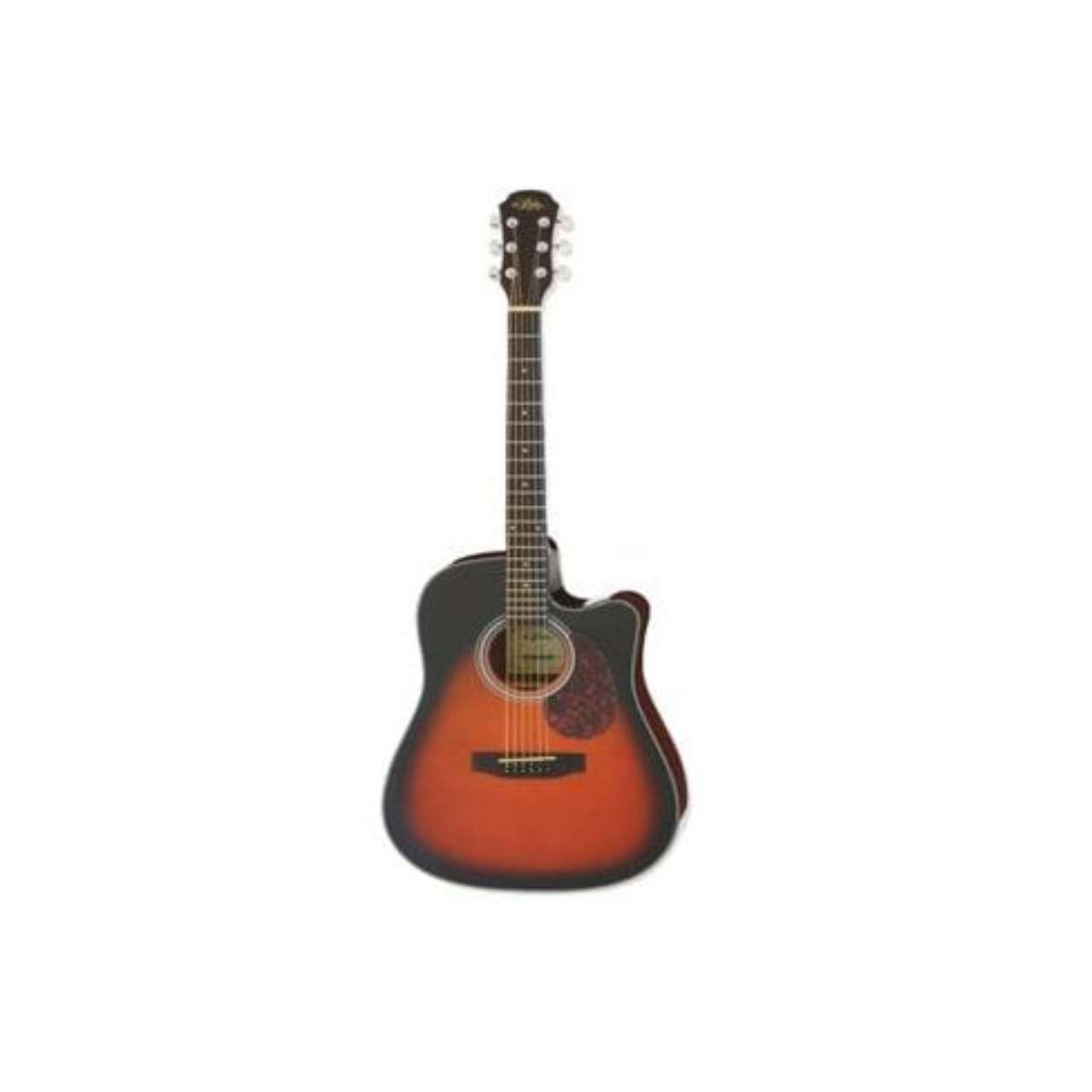 Turuncu-siyah gövdeli, altı telli akustik gitar.
