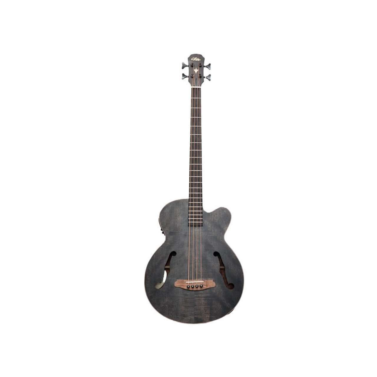 Ahşap köprülü, f-delikli koyu gri elektro gitar.