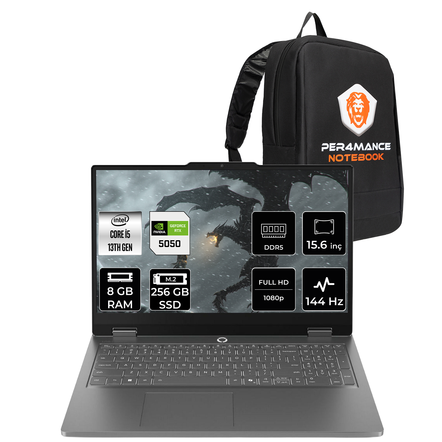 Intel Core i5, 8 GB RAM, 256 GB SSD, 15,6 inç, Full HD, 144 Hz dizüstü bilgisayar ve siyah sırt çantası.