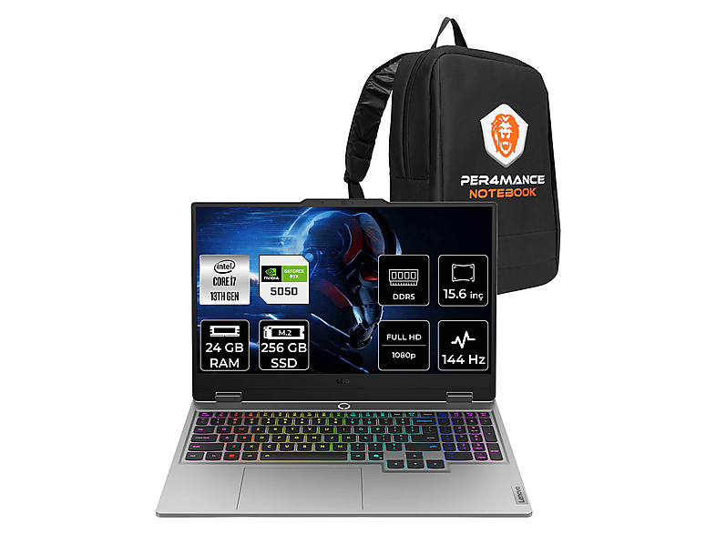 LENOVO LOQ RTX5050/8GB FHD 83JE00KKTRP311 Intel Core I7-13700HX 24 GB RAM 256 GB SSD 15,6 inç FreeDOS Laptop+Çanta Luna Gri