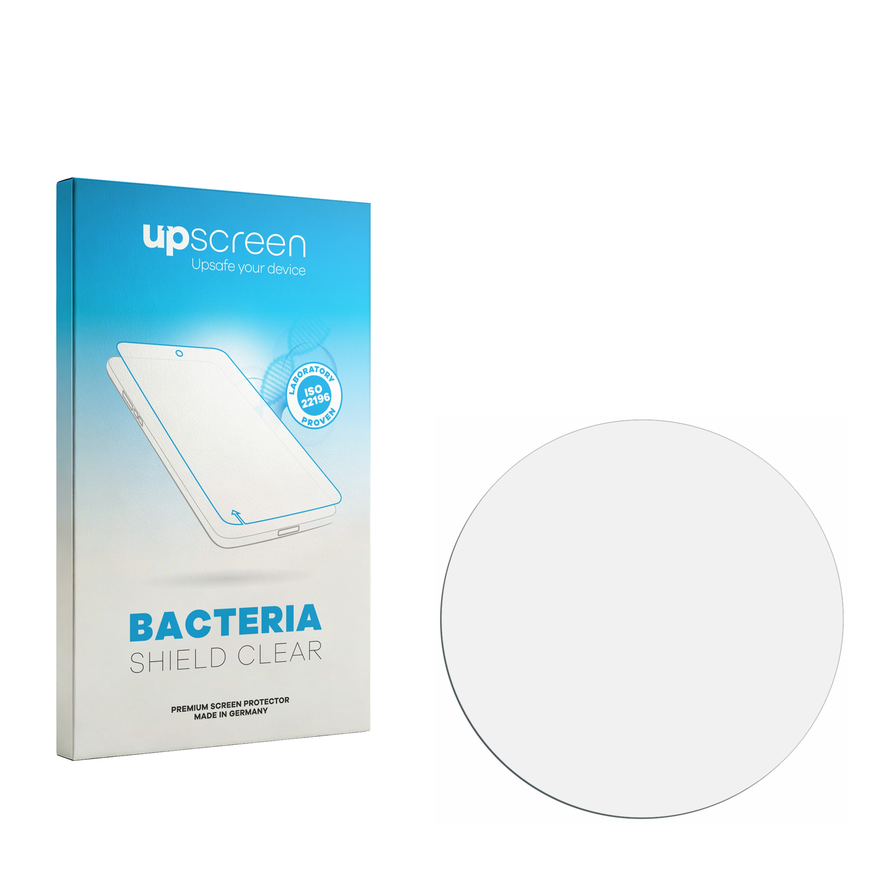 Verpackung für einen Bakterienschutz-Displayschutz und einen runden Displayschutz.
