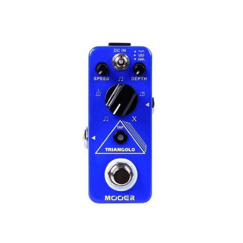 Speed, Depth, Tap ve X kontrolleri olan mavi bir Mooer Triangolo pedalı.
