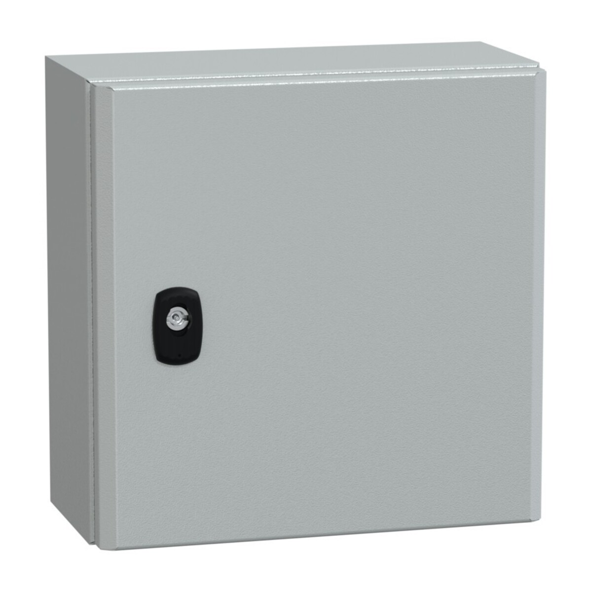 Contenitore metallico grigio con serratura nera. Isolato su sfondo bianco.