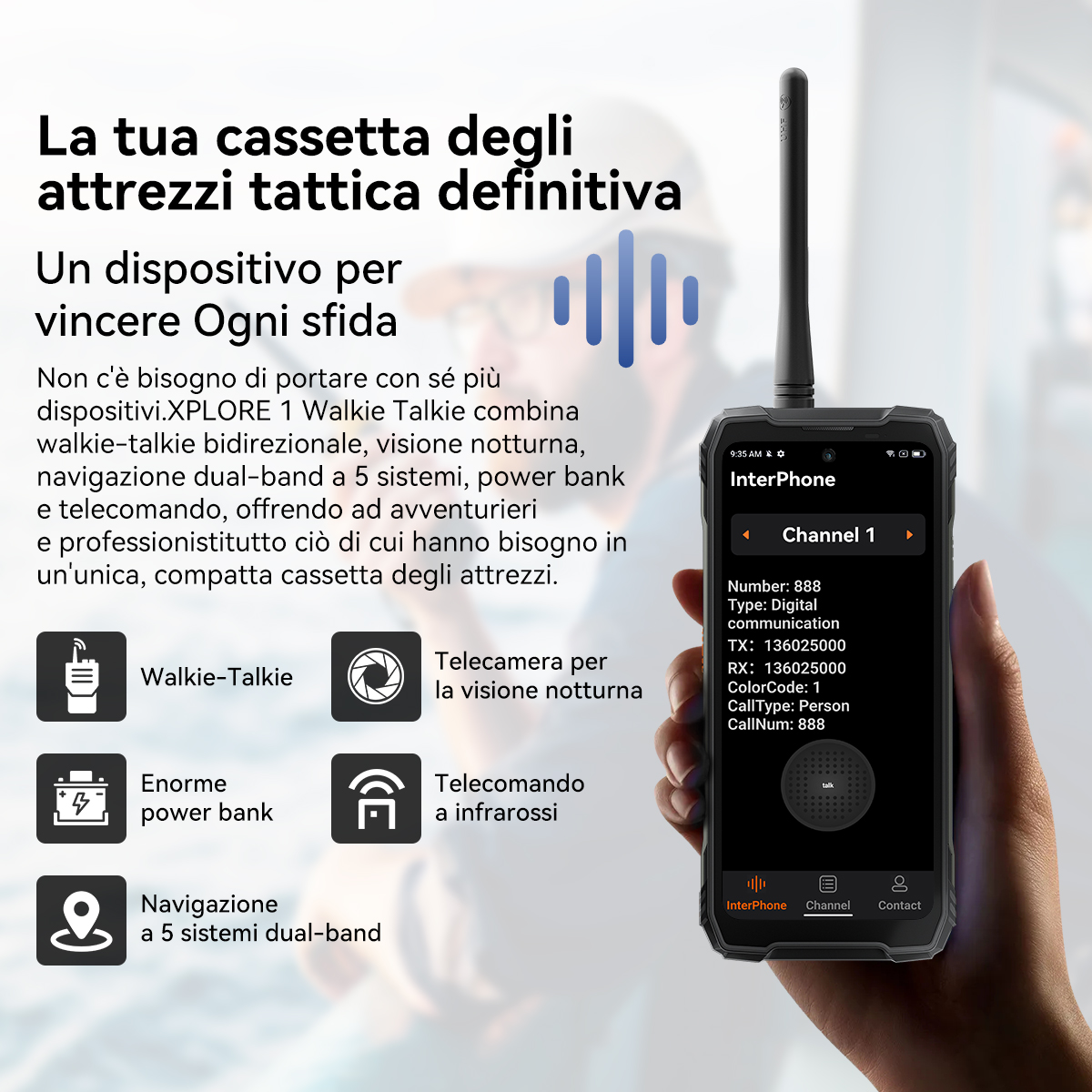 Una mano tiene uno smartphone che mostra un dispositivo walkie-talkie. Le icone mostrano le funzioni.