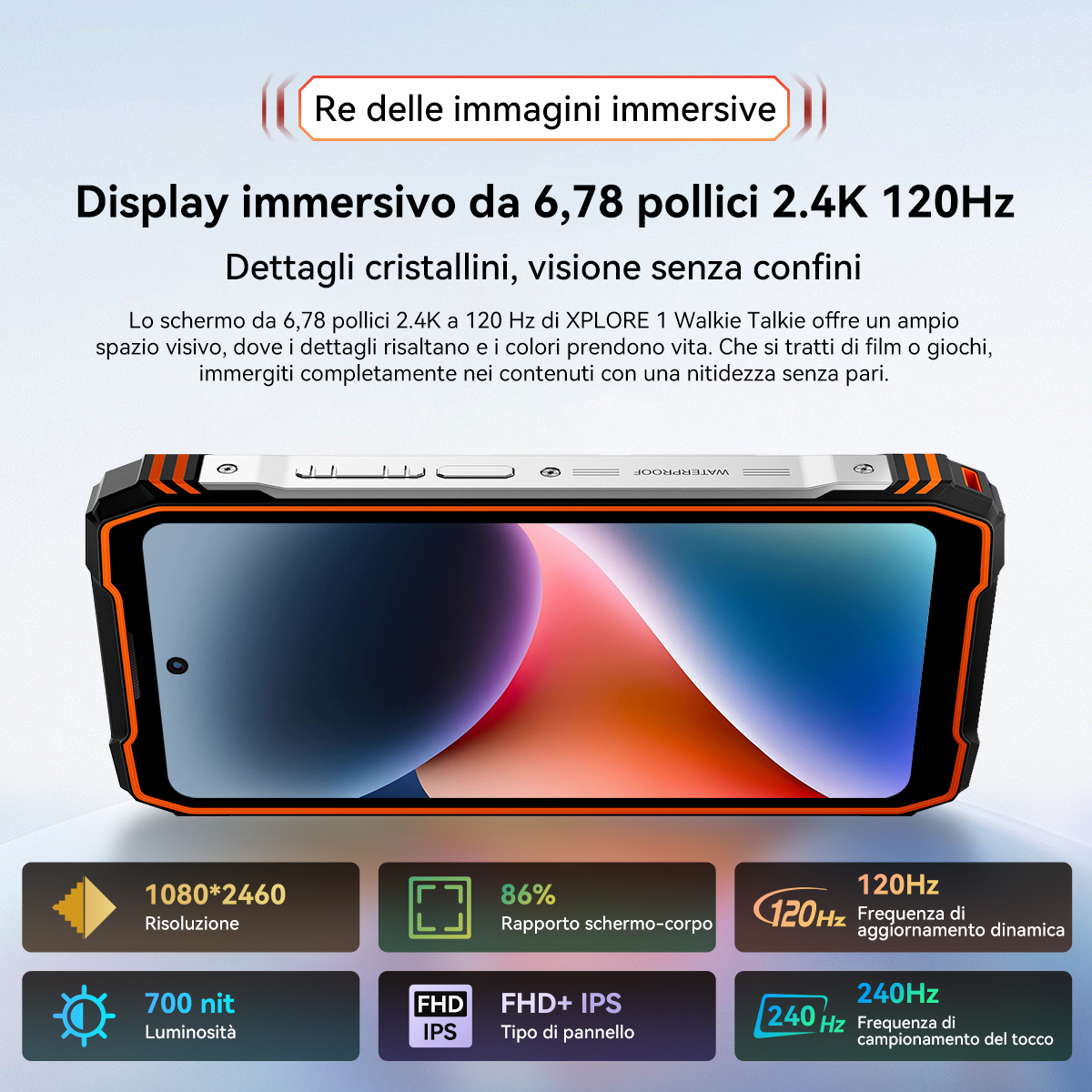 Uno smartphone con schermo grande, che mostra dettagli e specifiche.
