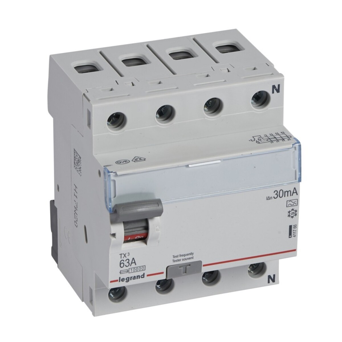 Un interruttore automatico Legrand grigio, 3 poli, 63A, differenziale 30mA.