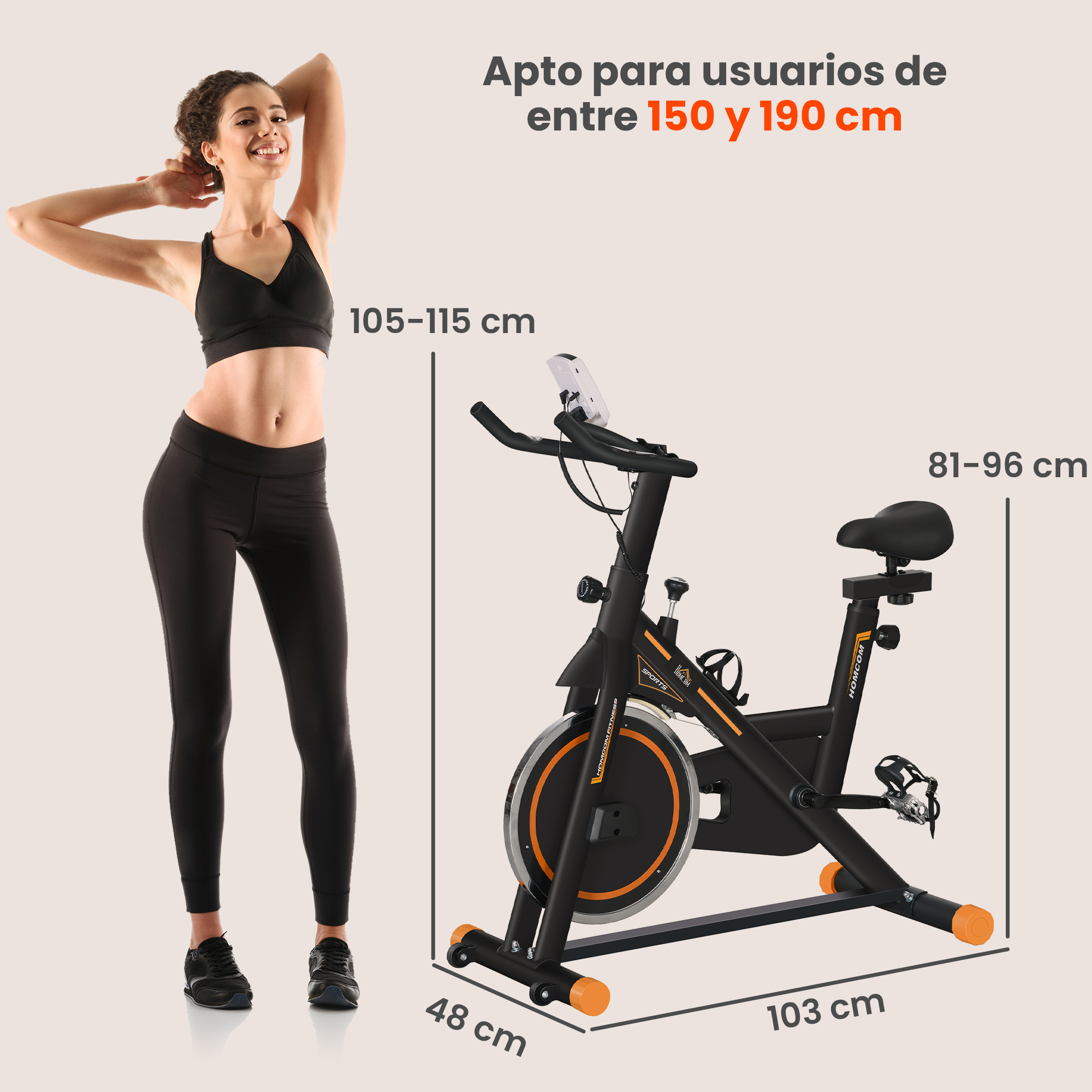 Una mujer está al lado de una bicicleta estática con medidas de altura y dimensiones para el usuario.