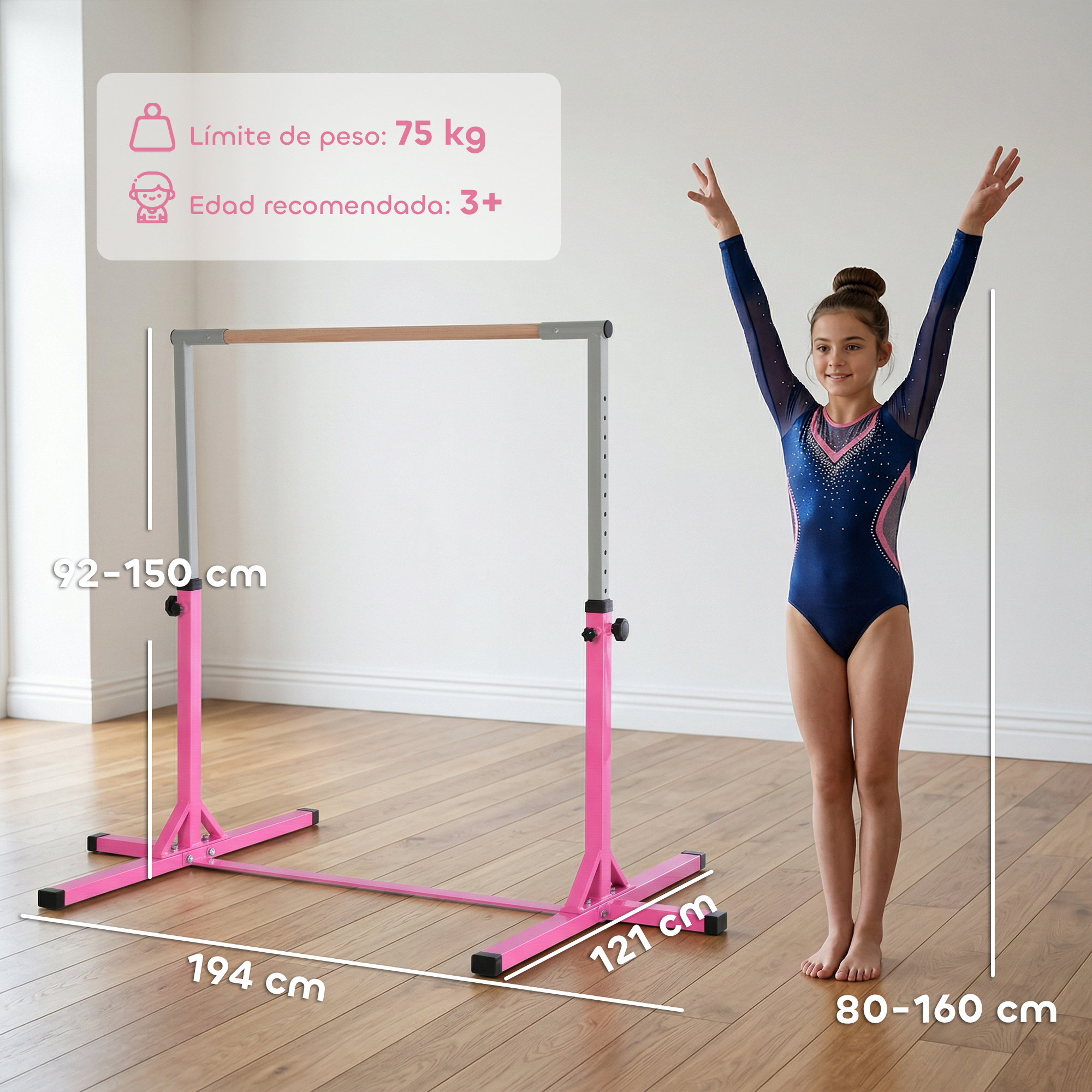 Niña en maillot azul junto a barra de gimnasia rosa. Se muestran dimensiones.