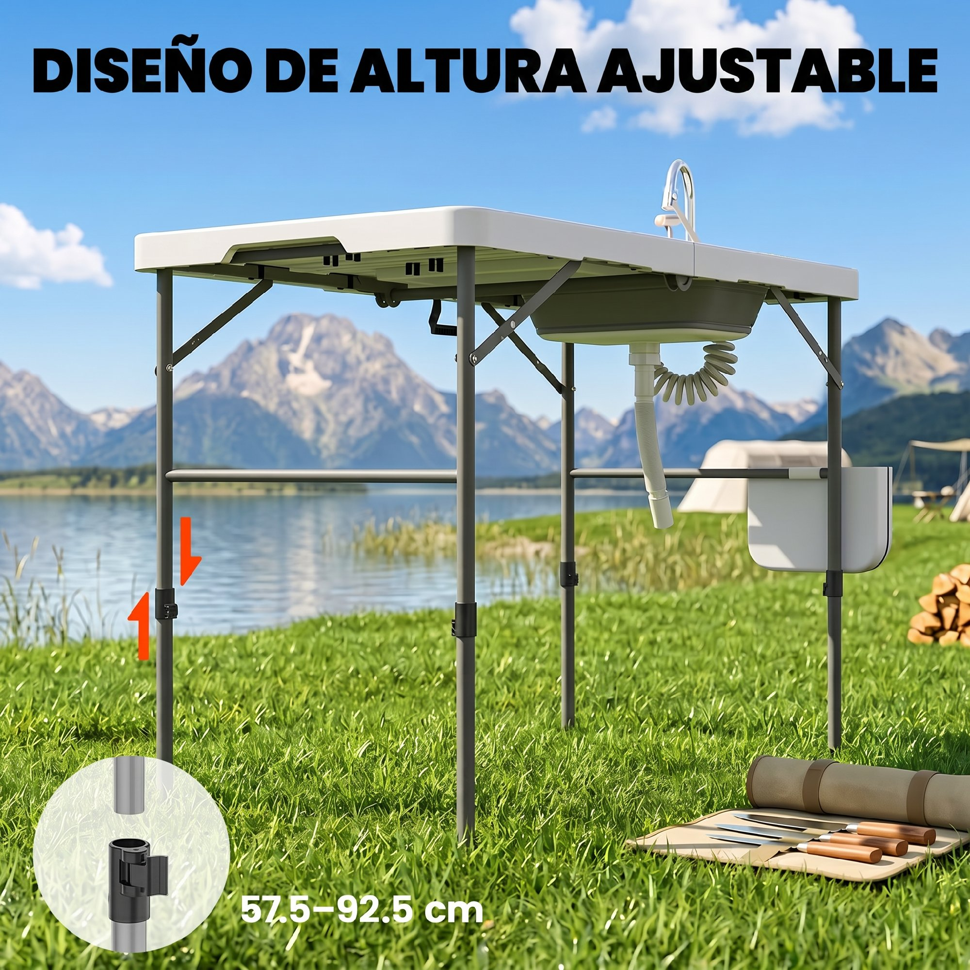 Una mesa de camping ajustable con fregadero y grifo está sobre hierba.