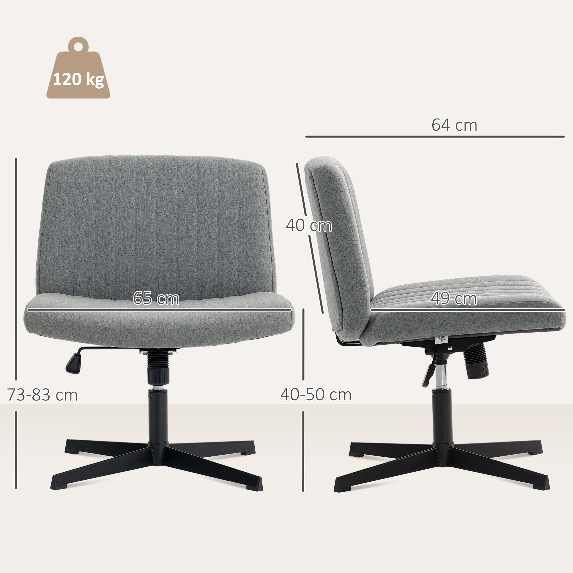 Silla de oficina gris con dimensiones e indicador de peso de 120 kg.