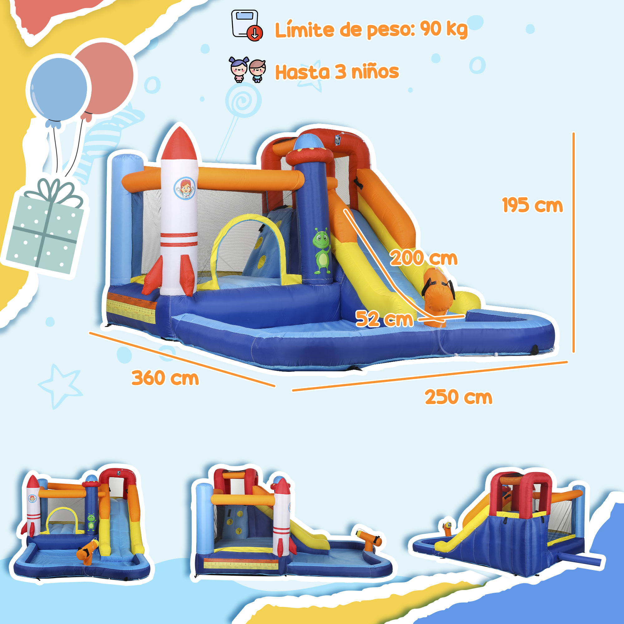Cohete inflable con tobogán, piscina y juguete. Dimensiones: 360x250x195cm.