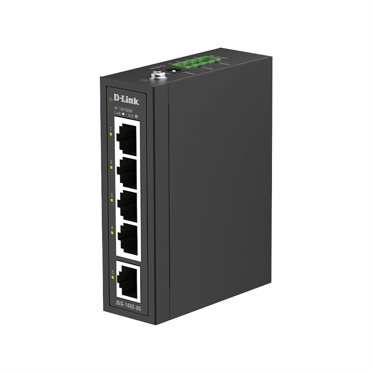 Ein schwarzer D-Link 5-Port Gigabit Switch mit Ethernet-Anschlüssen und Status-LEDs.