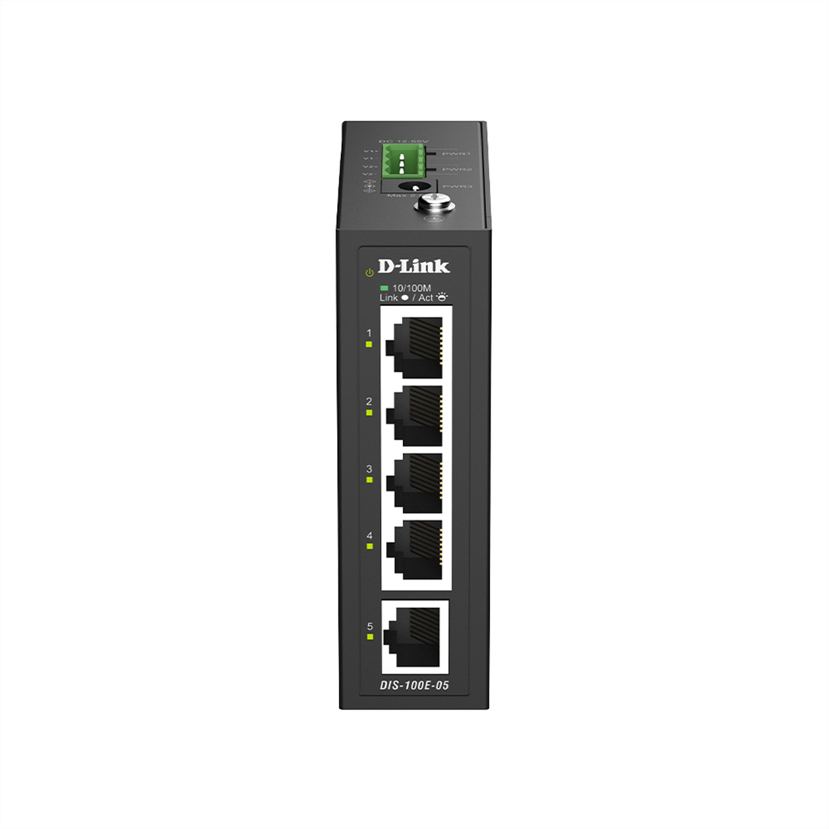 Schwarzer D-Link Netzwerk-Switch mit 5 Ethernet-Ports und Status-LEDs.