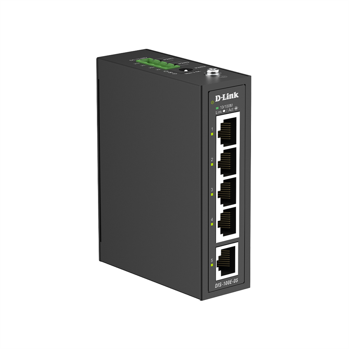 Ein schwarzer D-Link 5-Port Gigabit-Switch mit RJ45-Anschlüssen und LEDs.