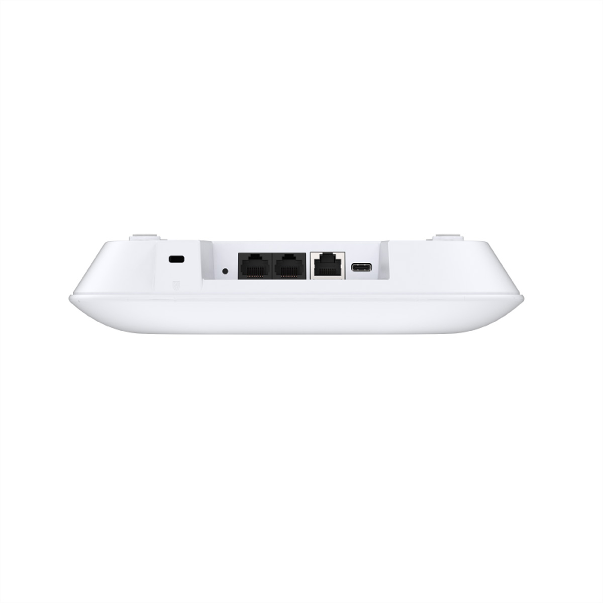 Router bianco con due porte Ethernet e porta USB-C su sfondo bianco.