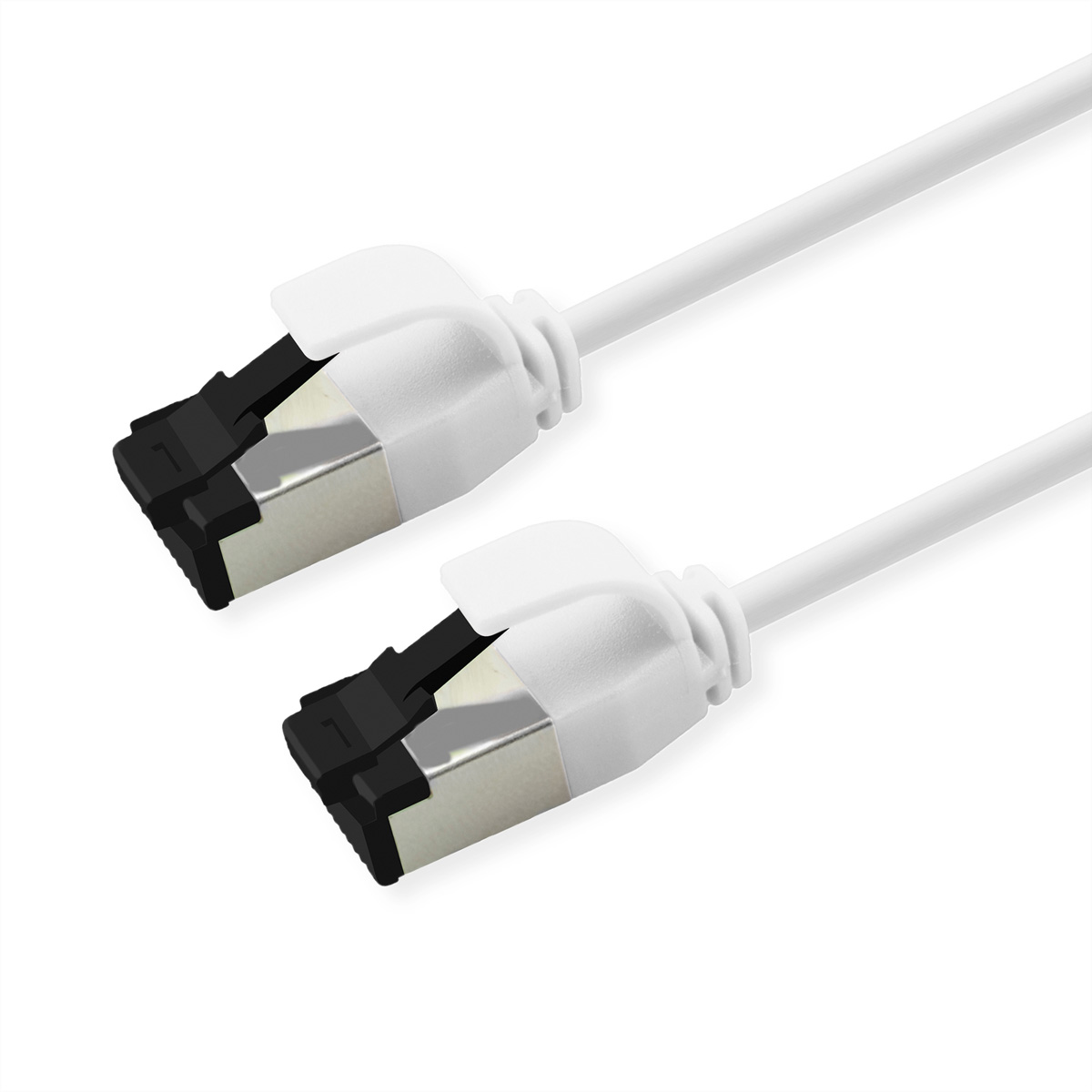 Twee witte netwerkkabels met zilveren en zwarte connectoren op witte achtergrond.