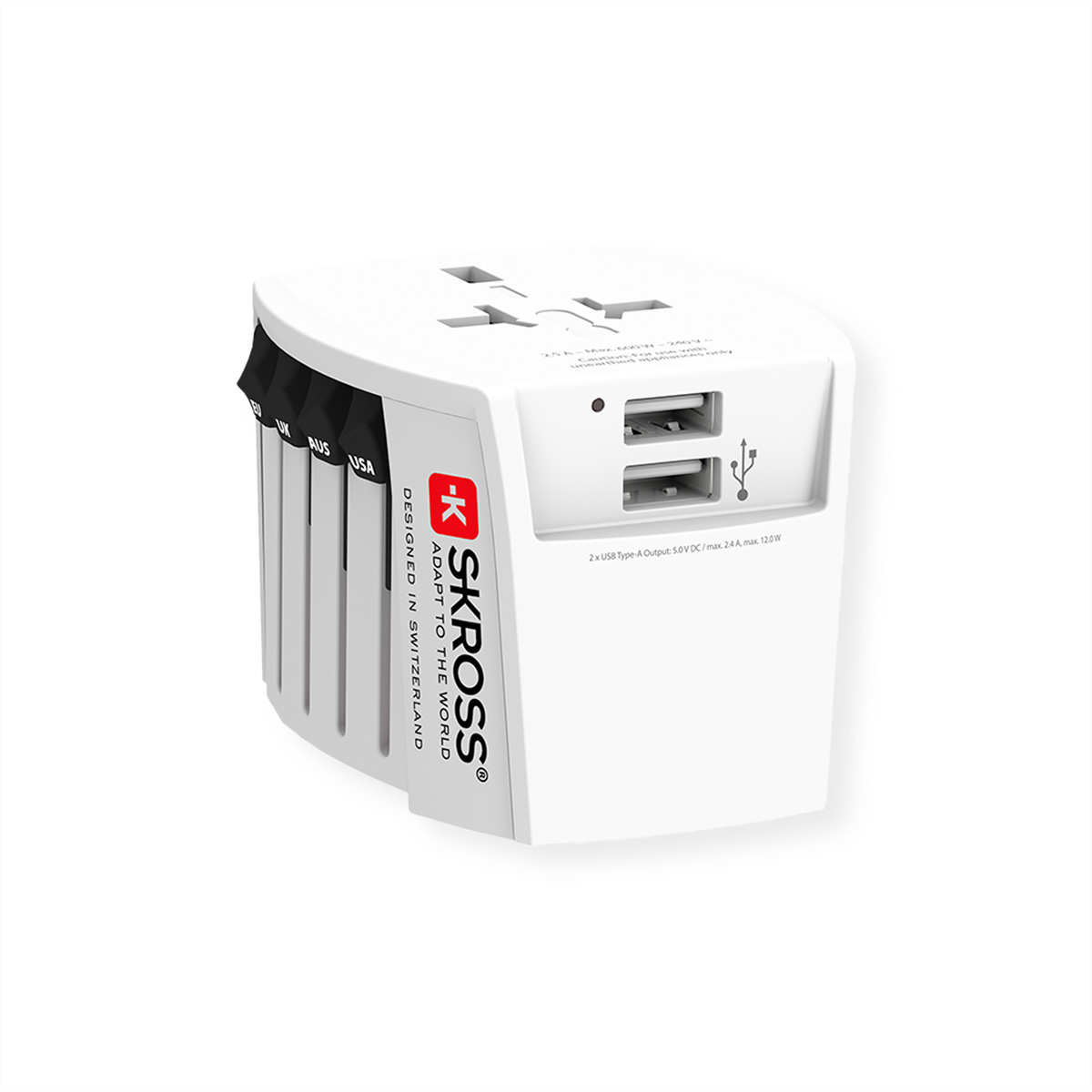 Adattatore da viaggio bianco con porte USB e pin retrattili per UK, AUS, USA.