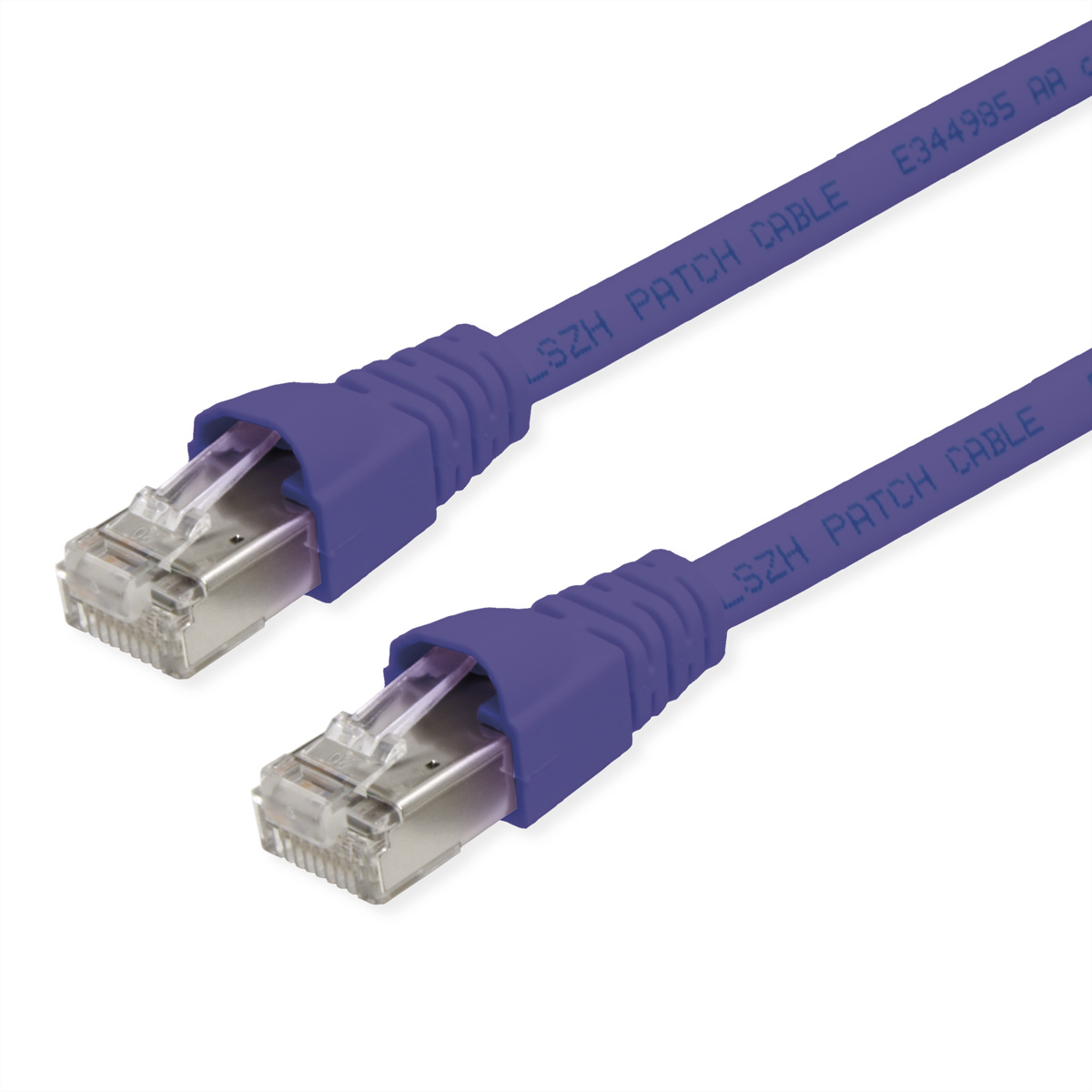 Twee paarse netwerkkabels met RJ45-connectoren op witte achtergrond.