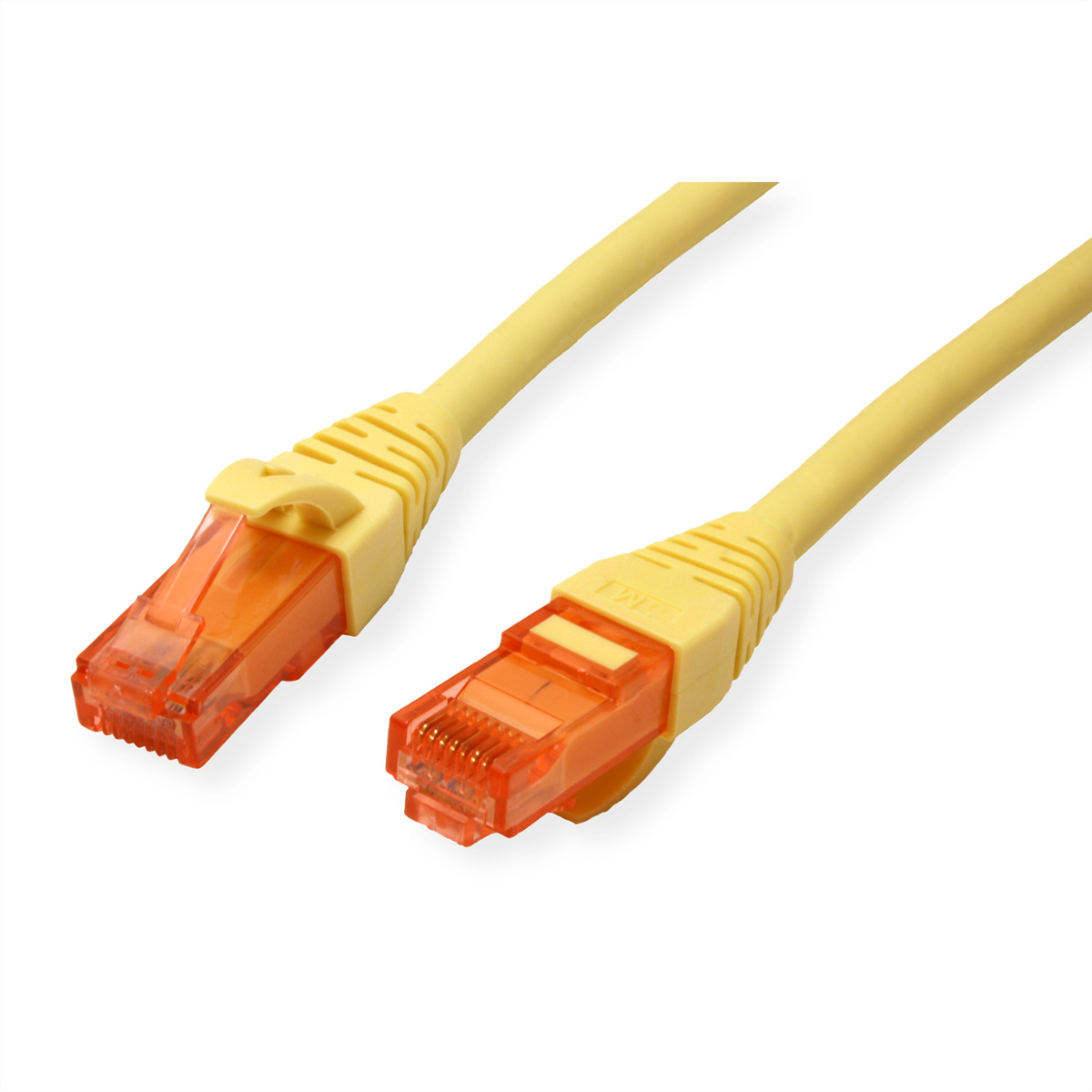 Twee gele Ethernetkabels met oranje connectoren op witte achtergrond.