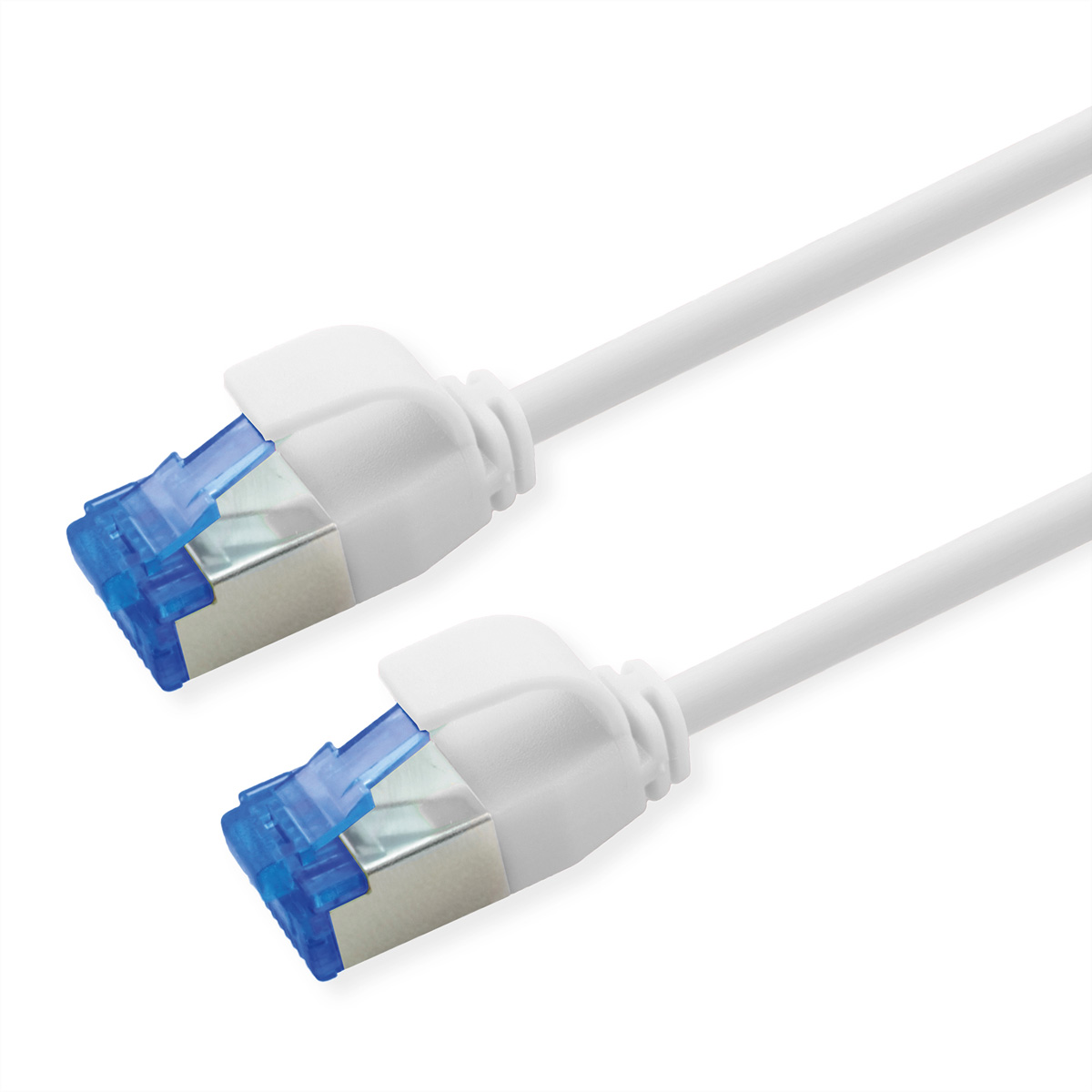 Twee witte netwerkkabels met blauwe connectoren op witte achtergrond.