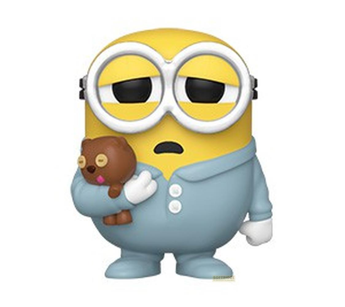 Ein gelber Minion in einem blauen Schlafanzug hält einen braunen Teddybär.