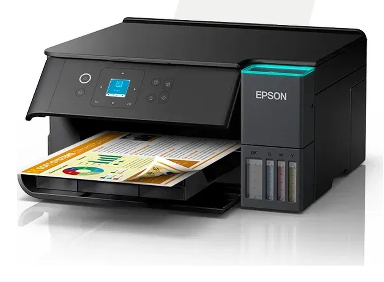 Czarna drukarka Epson z kartką papieru wystającą z podajnika wyjściowego.