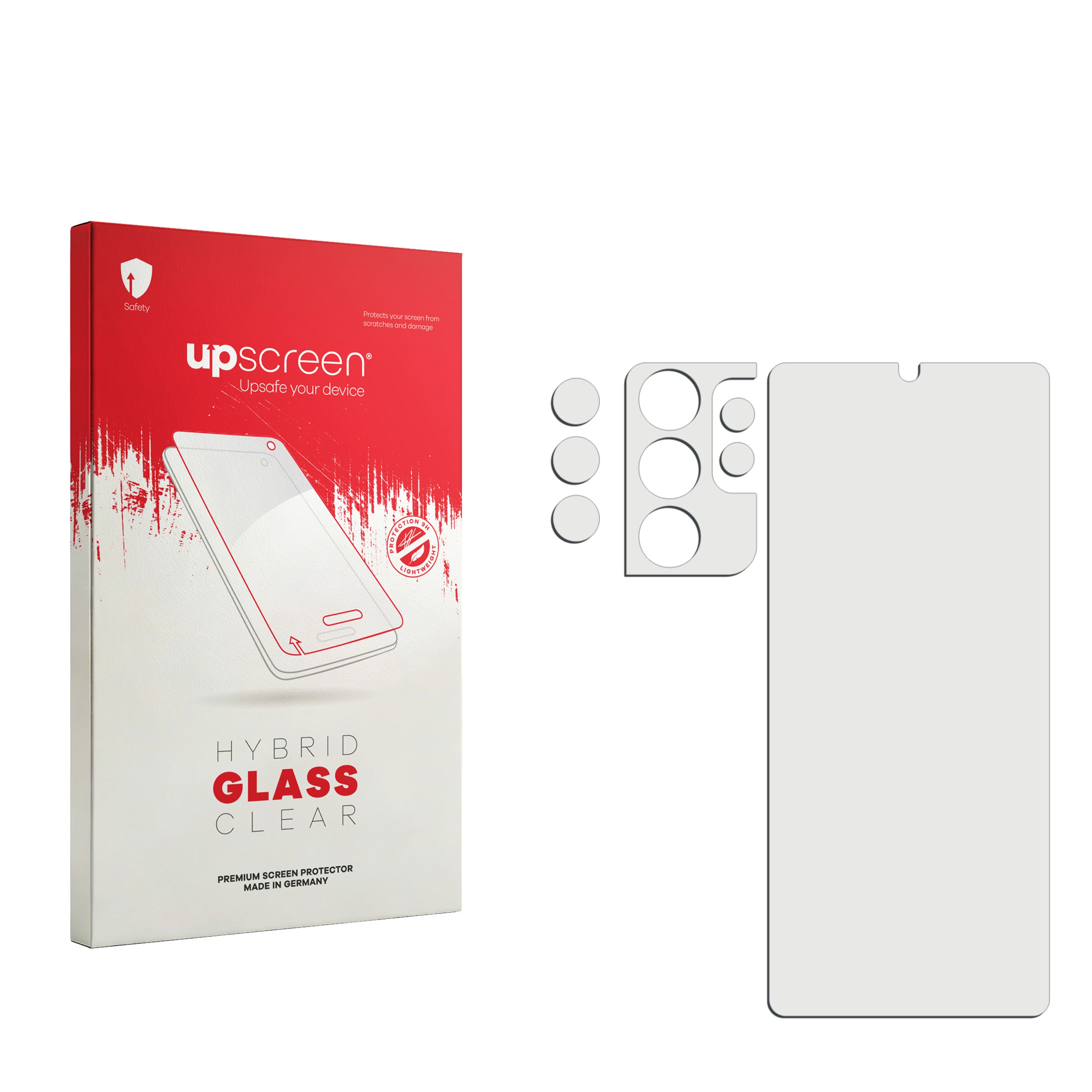 Verpackung und Zubehör für Displayschutzfolie: Box mit Handy-Abbildung und Schutzfolien.