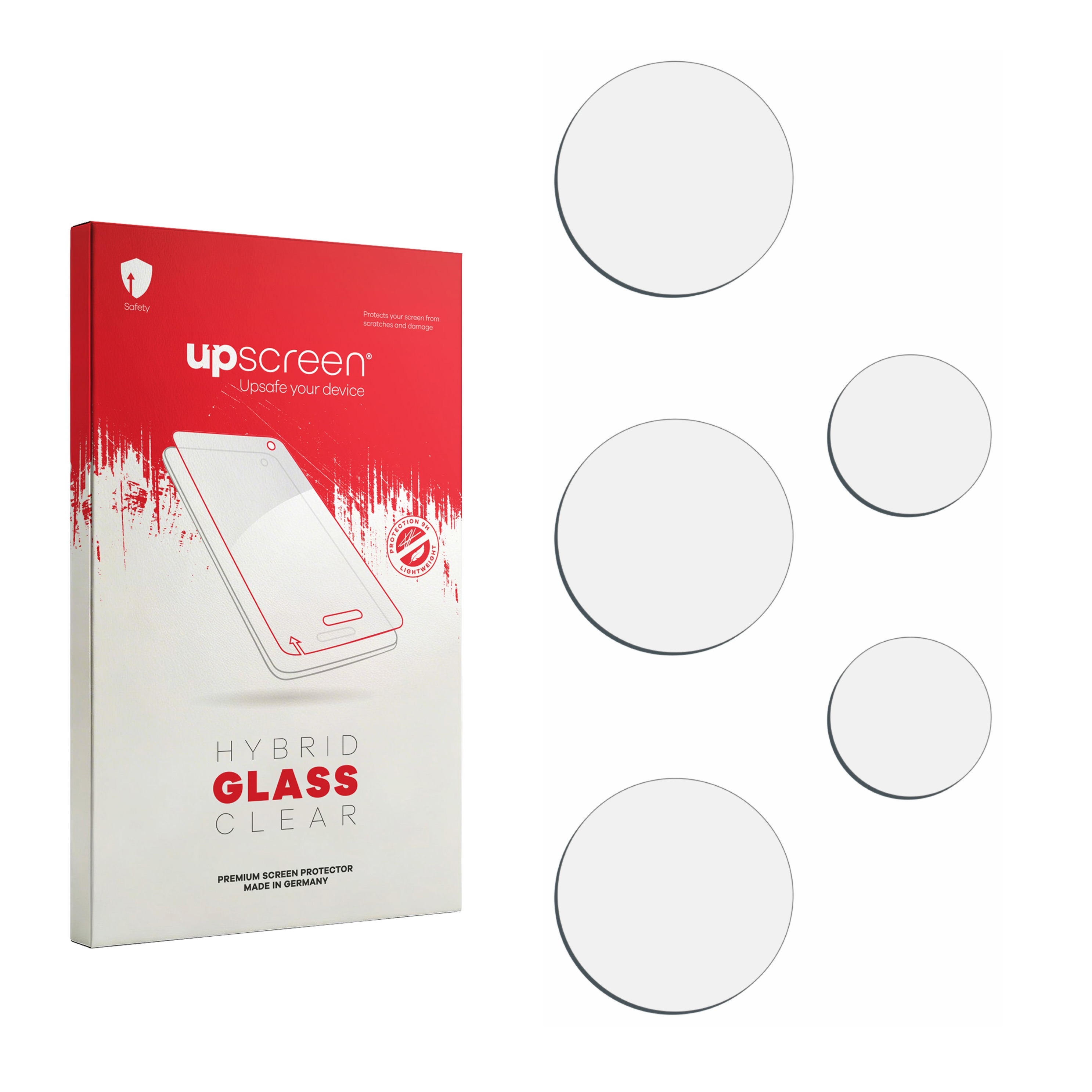 Verpackung für Displayschutzfolie mit vier runden Schutzscheiben daneben.