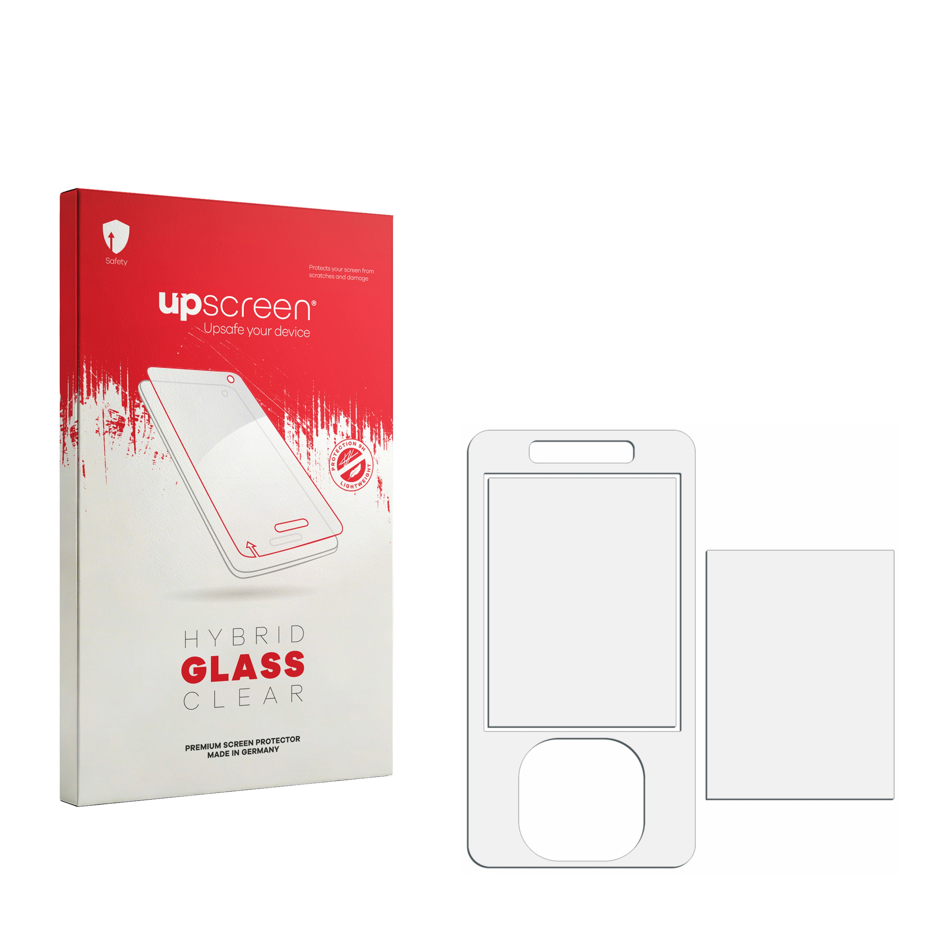 Rote Verpackung für Displayschutzfolie mit Abbildung eines Smartphones. Daneben zwei weiße Schutzfolien.