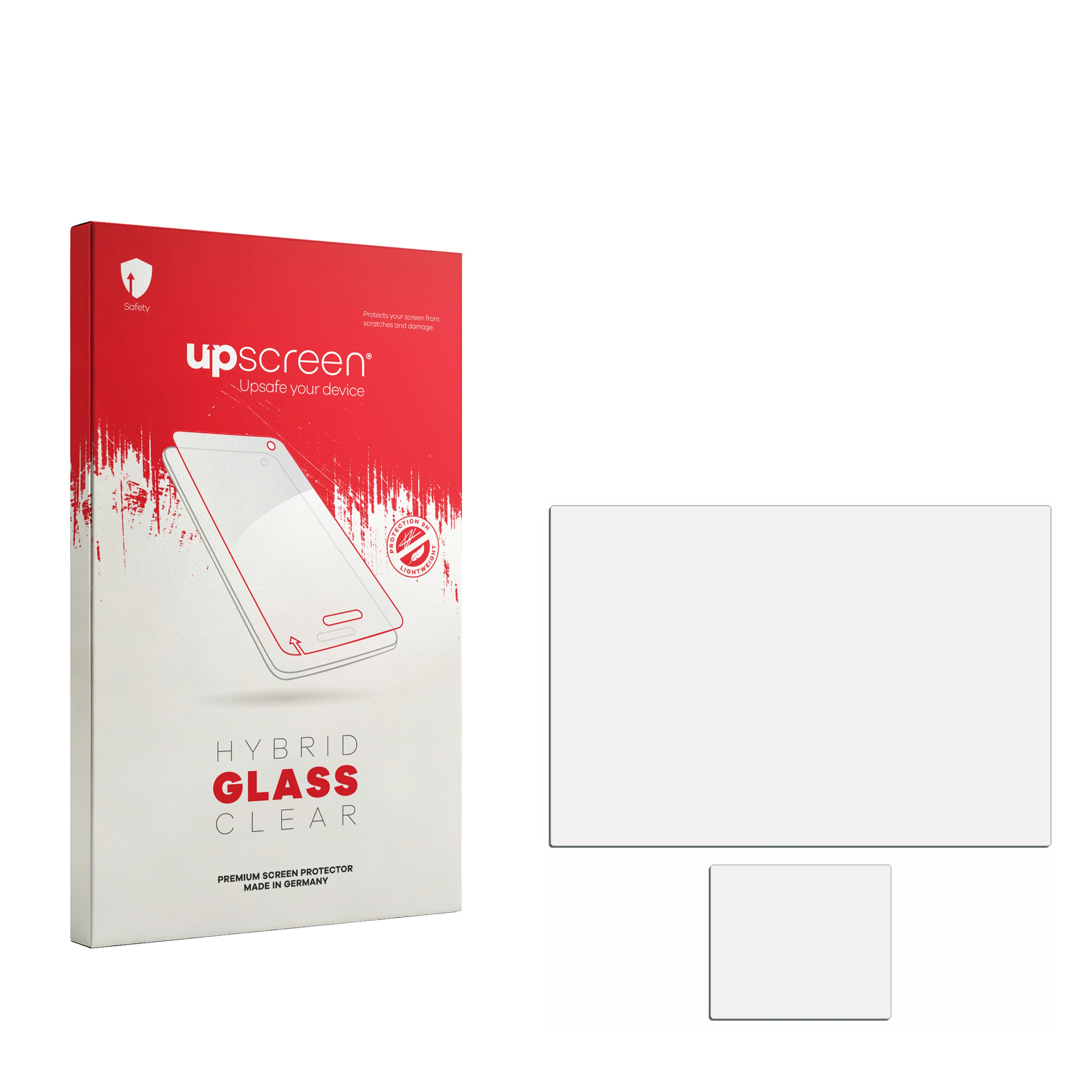 Rote Verpackung für Displayschutzfolie mit Smartphone-Grafik und zwei Schutzfolien.