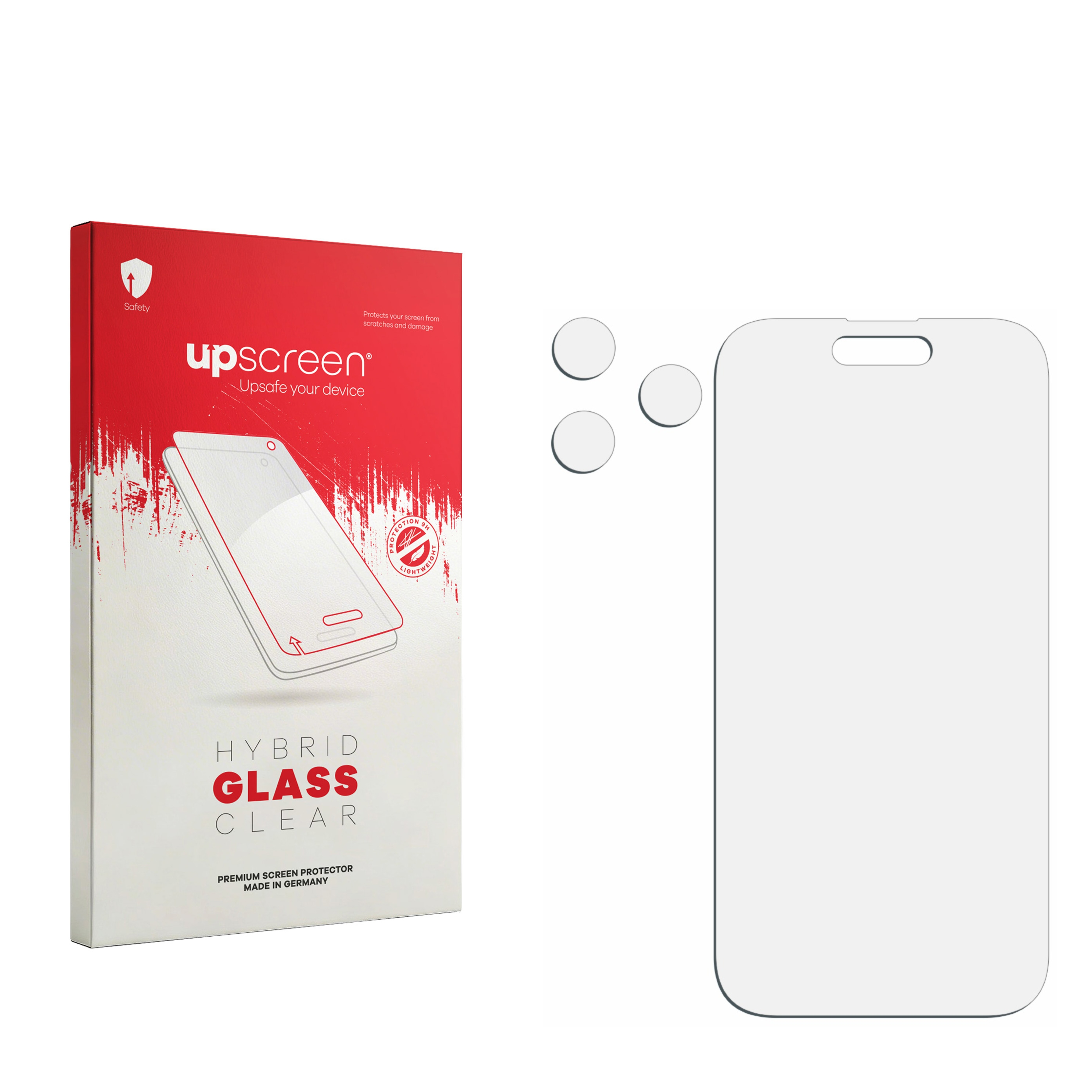 Verpackung für einen Displayschutz und drei runde Schutzaufkleber.