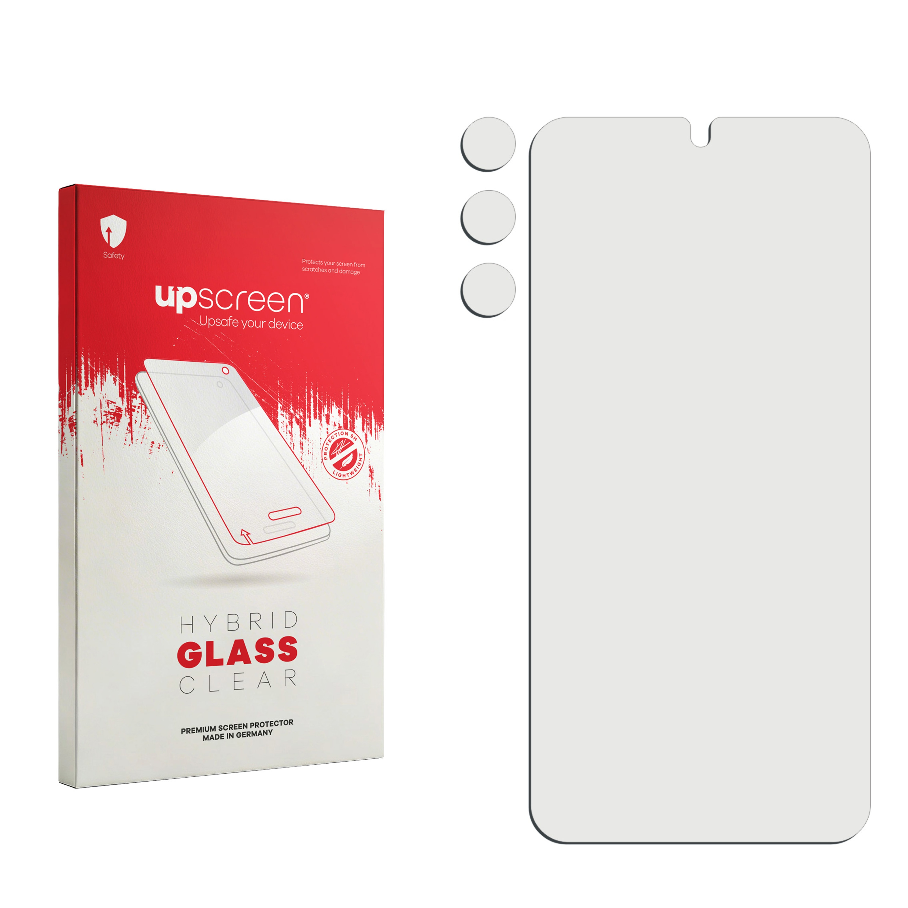 Verpackung für einen Bildschirmschutz mit einem transparenten Displayschutz daneben.