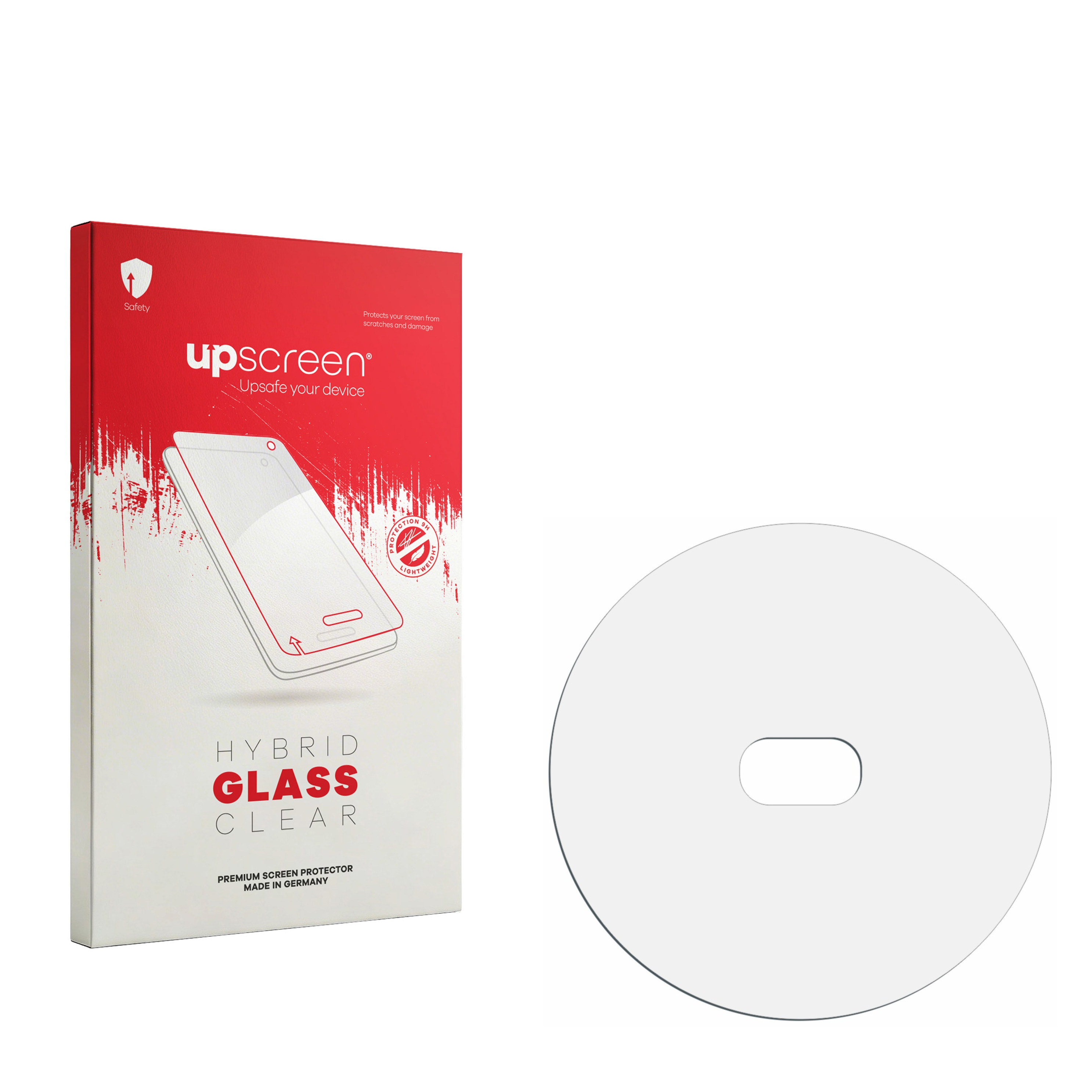 Rote Verpackung für einen Displayschutz mit einem runden Schutzglas daneben.