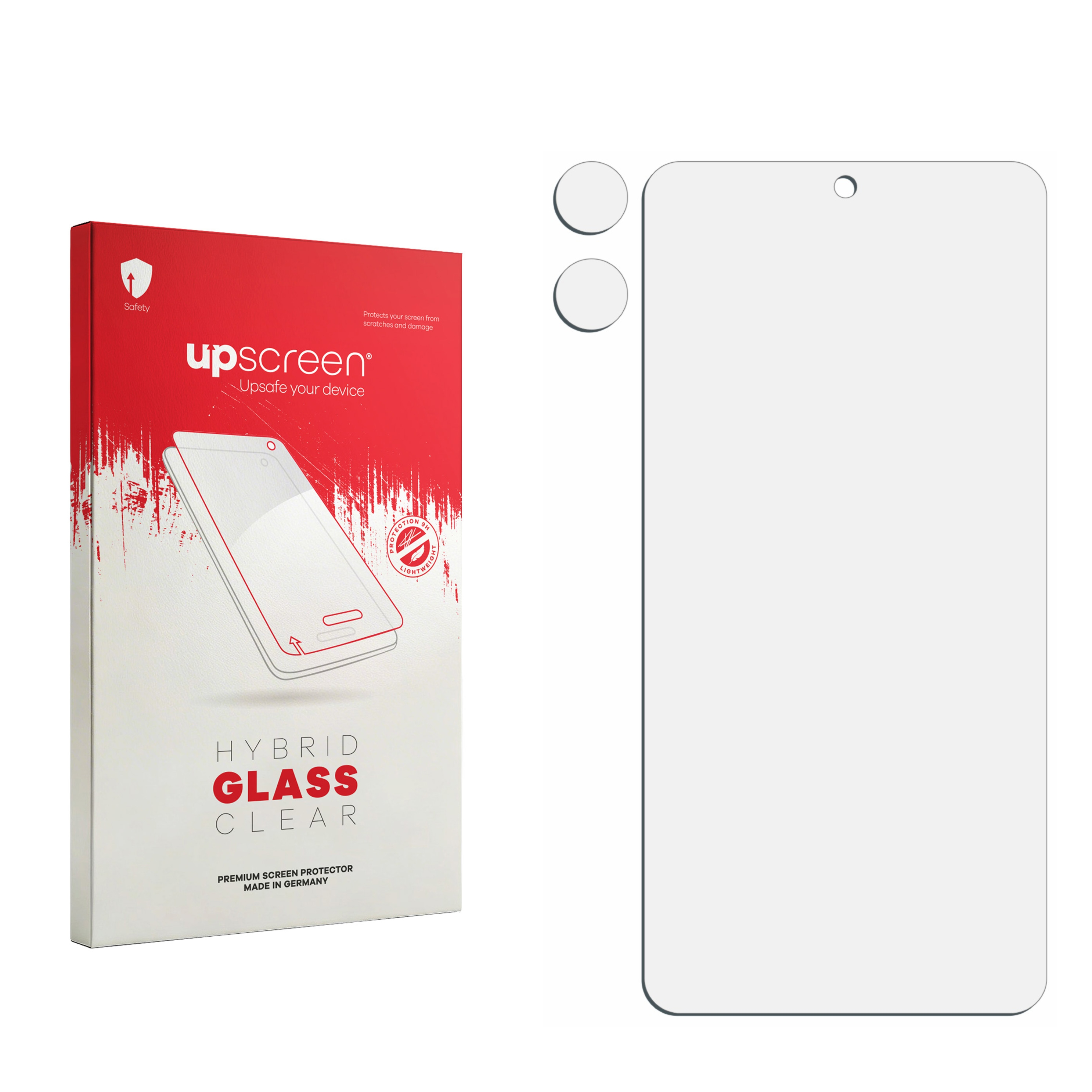 Upscreen Hybrid Glass Clear Displayschutzverpackung neben einem klaren Displayschutz.