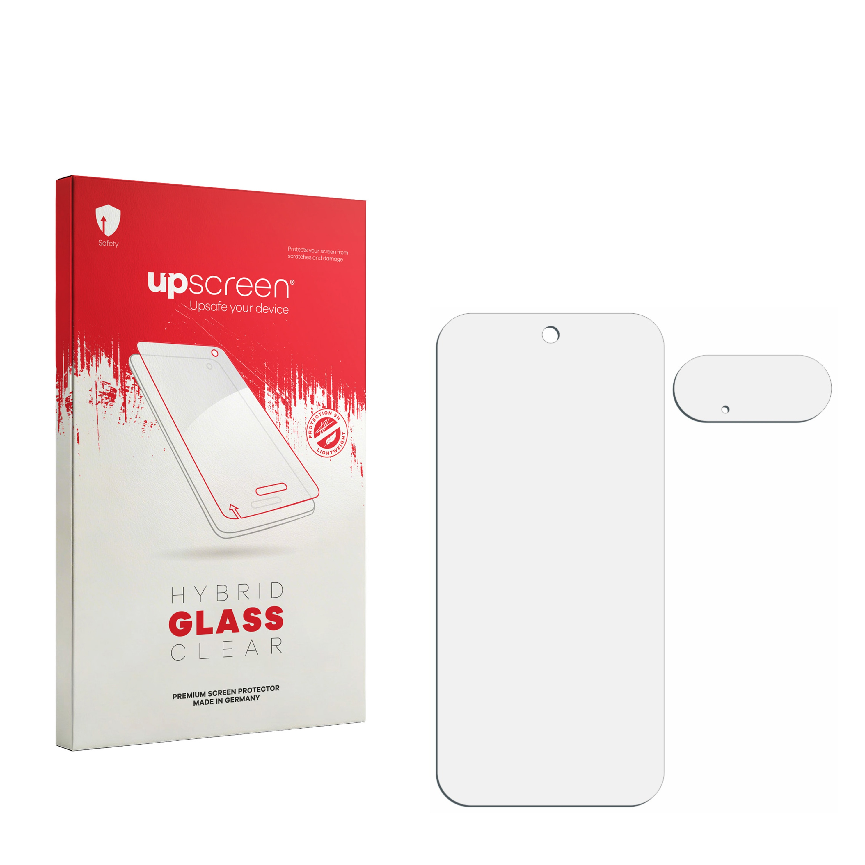 Verpackung für einen Displayschutz aus Glas mit einem Displayschutz daneben.
