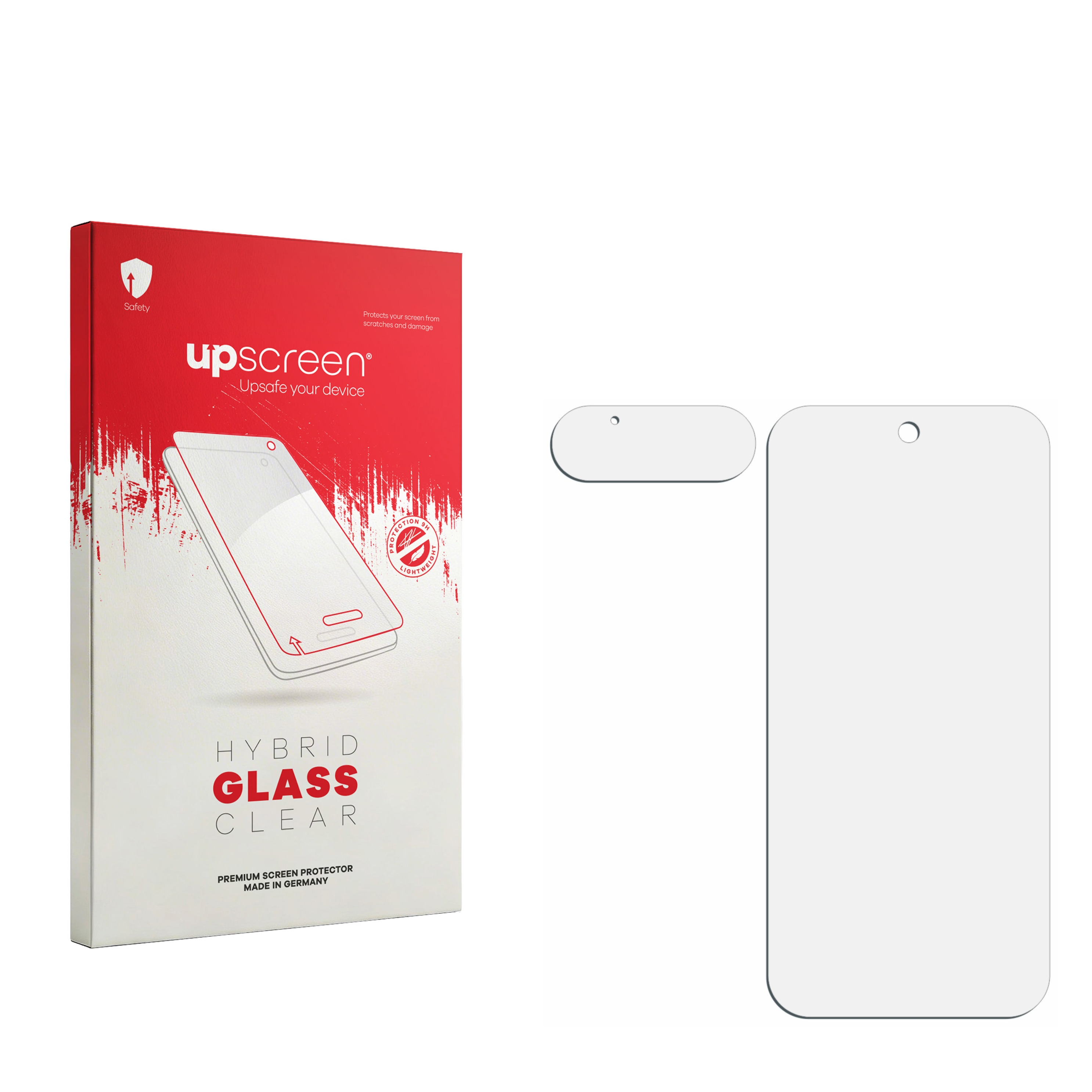 Verpackung für Displayschutzfolie mit zwei Schutzfolien daneben.