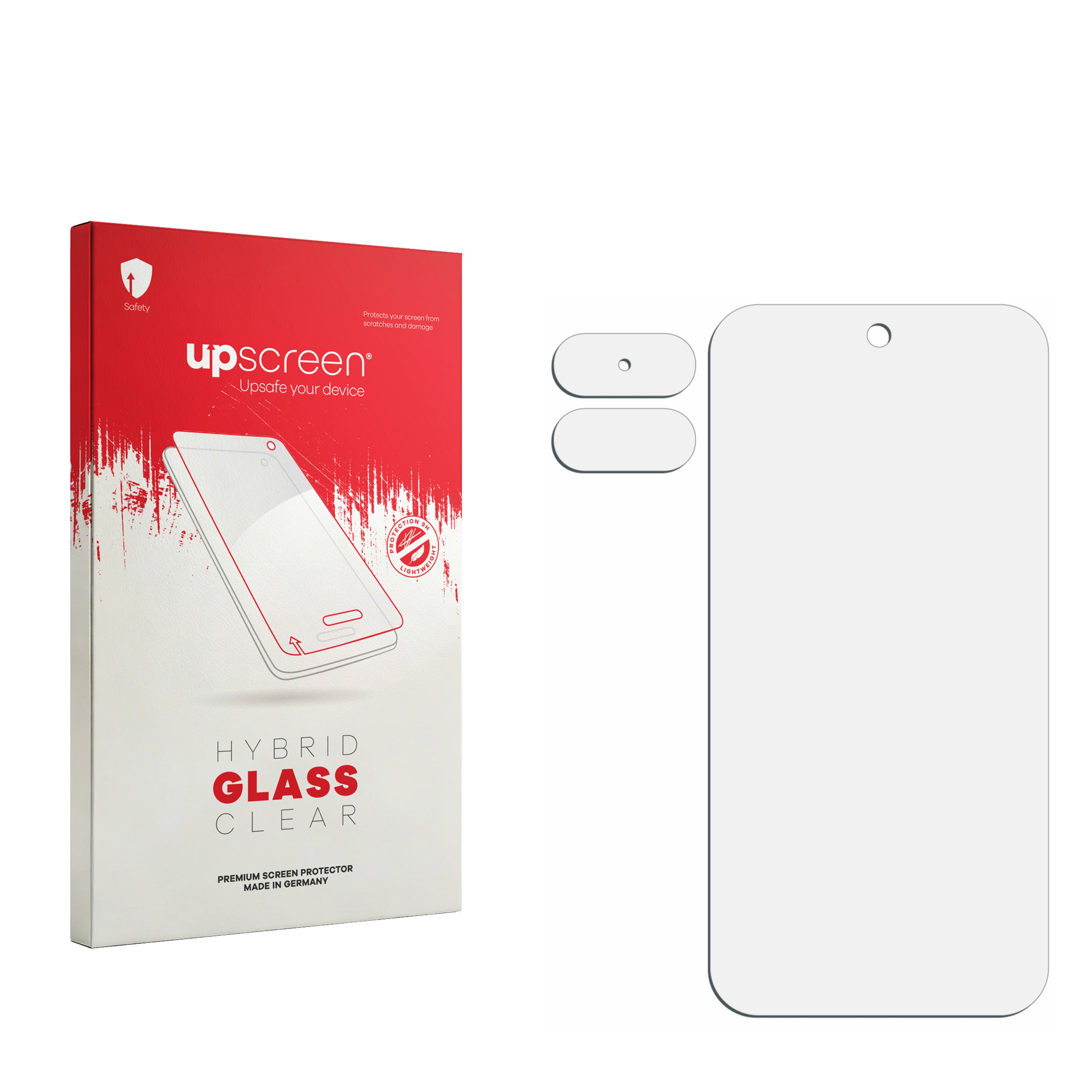 Ein rotes Paket mit "upscreen HYBRID GLASS CLEAR" und einem Displayschutz daneben.