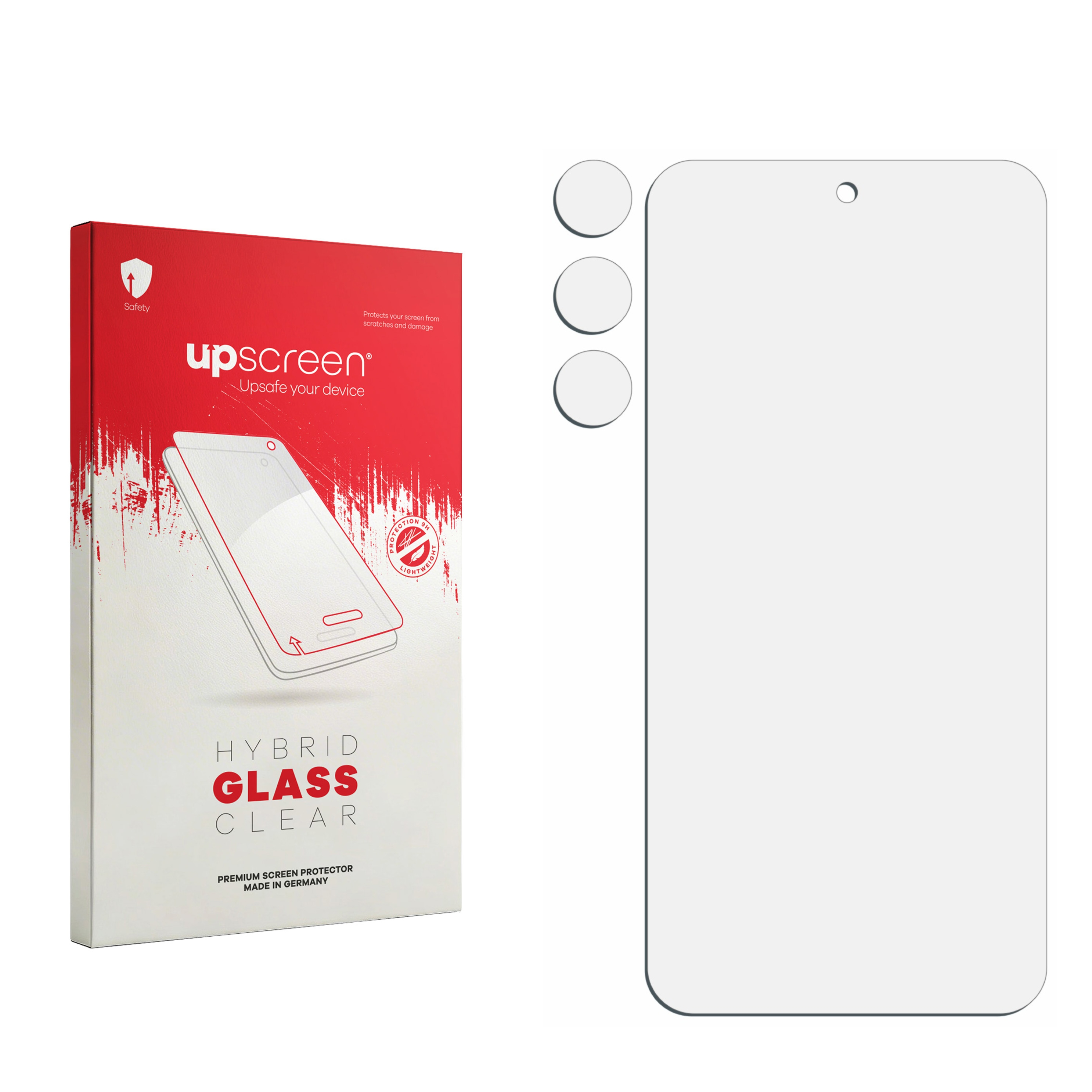 Rote Box mit "upscreen Hybrid Glass Clear" und einem Displayschutz.