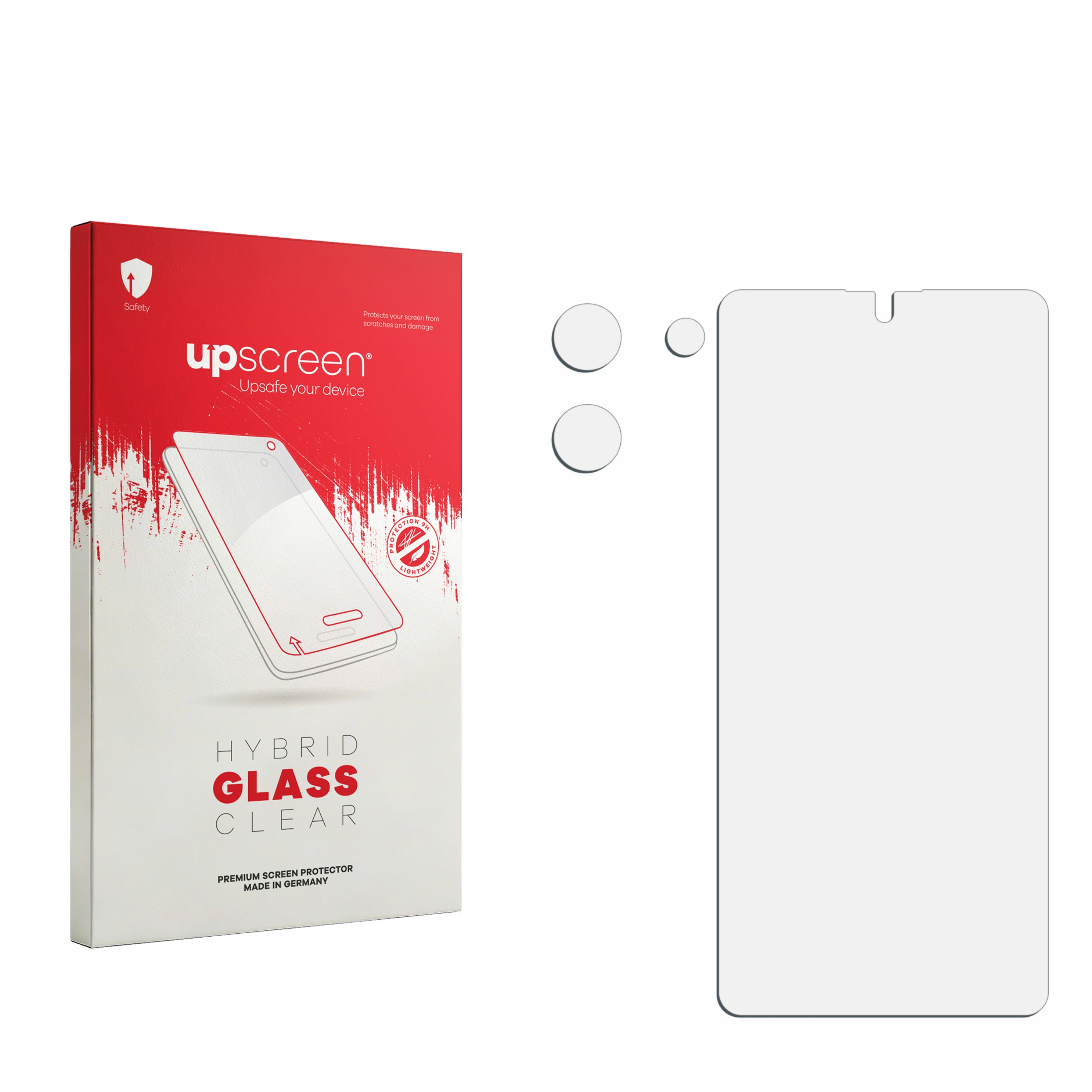 Upscreen Hybrid Glass Clear Schutzfolie mit Verpackung und Schutzfolie.