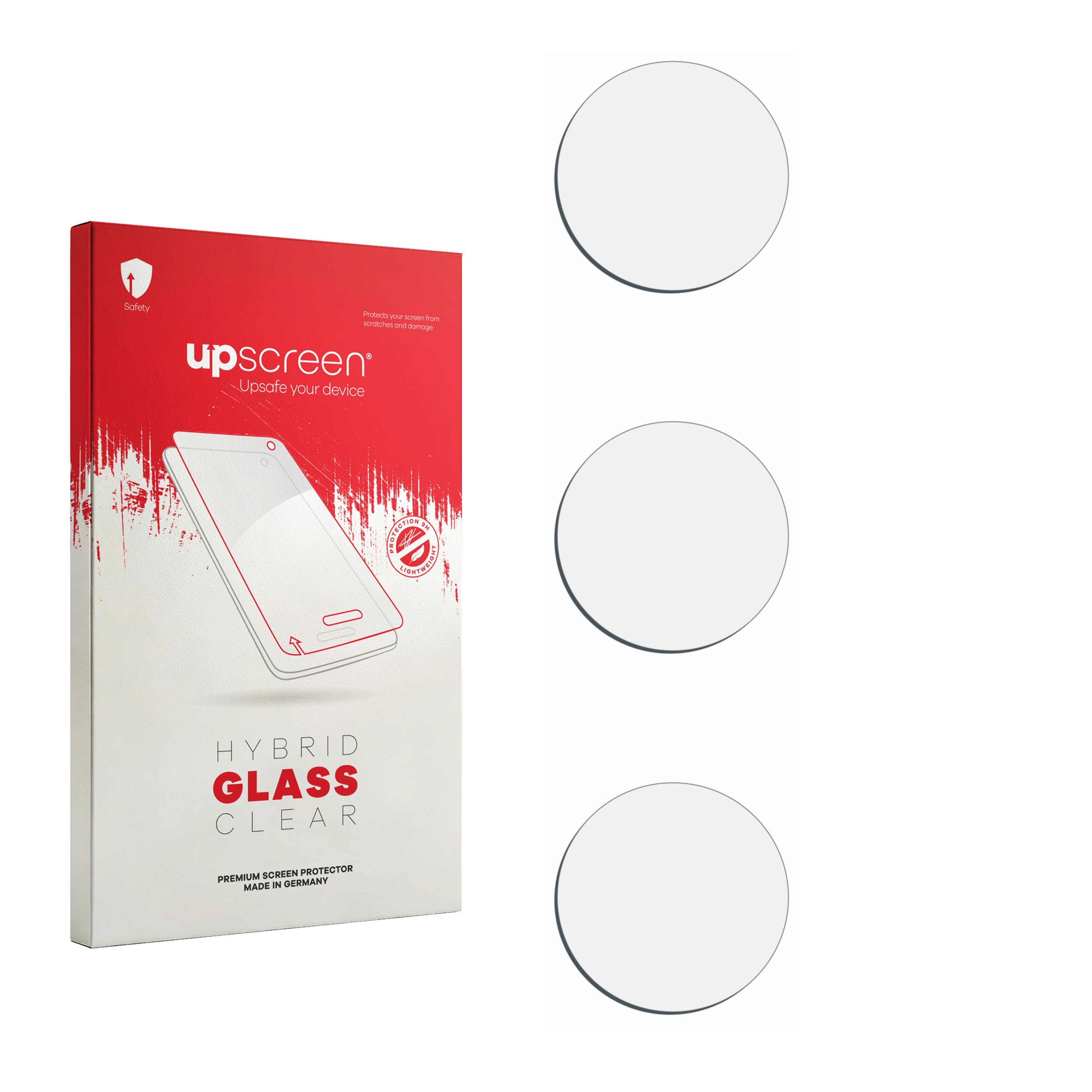 Rote Verpackung für Displayschutzfolie mit Bild eines Smartphones und drei Kreisen.