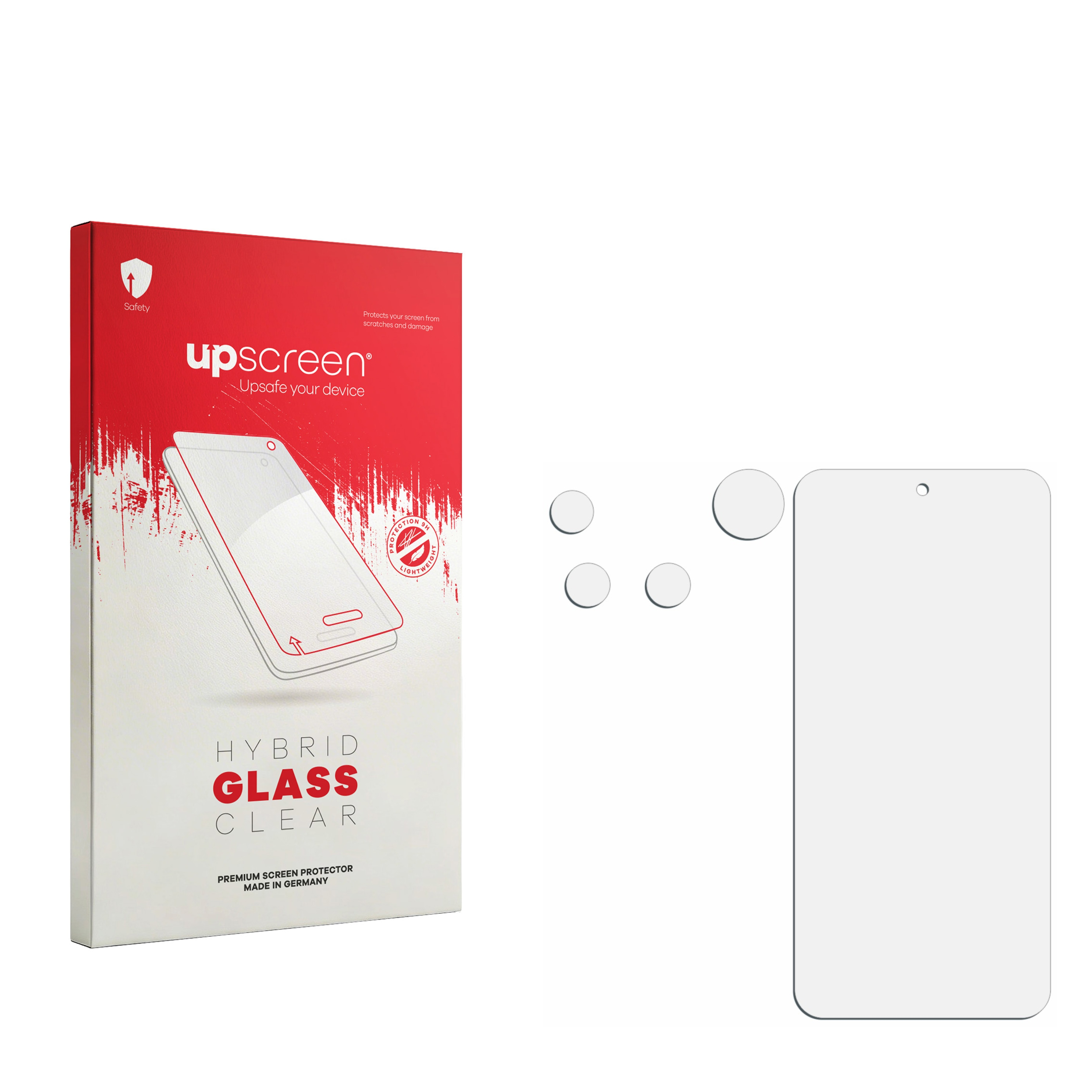 Rote Verpackung für Displayschutzfolie mit einem Bild eines Smartphones und Folien daneben.