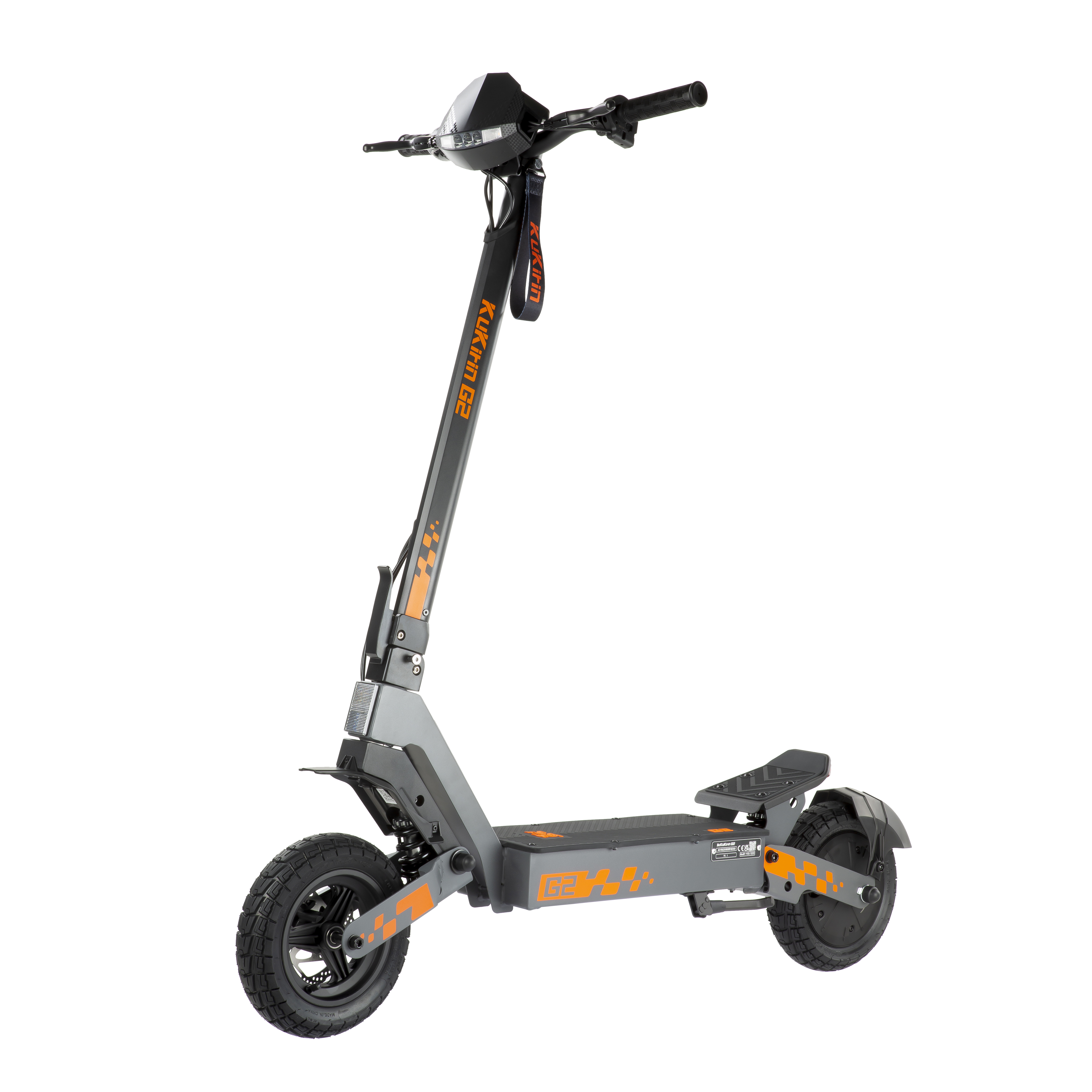 Grauer Elektroroller mit orangen Akzenten und dem Schriftzug KUKIRIN G2.