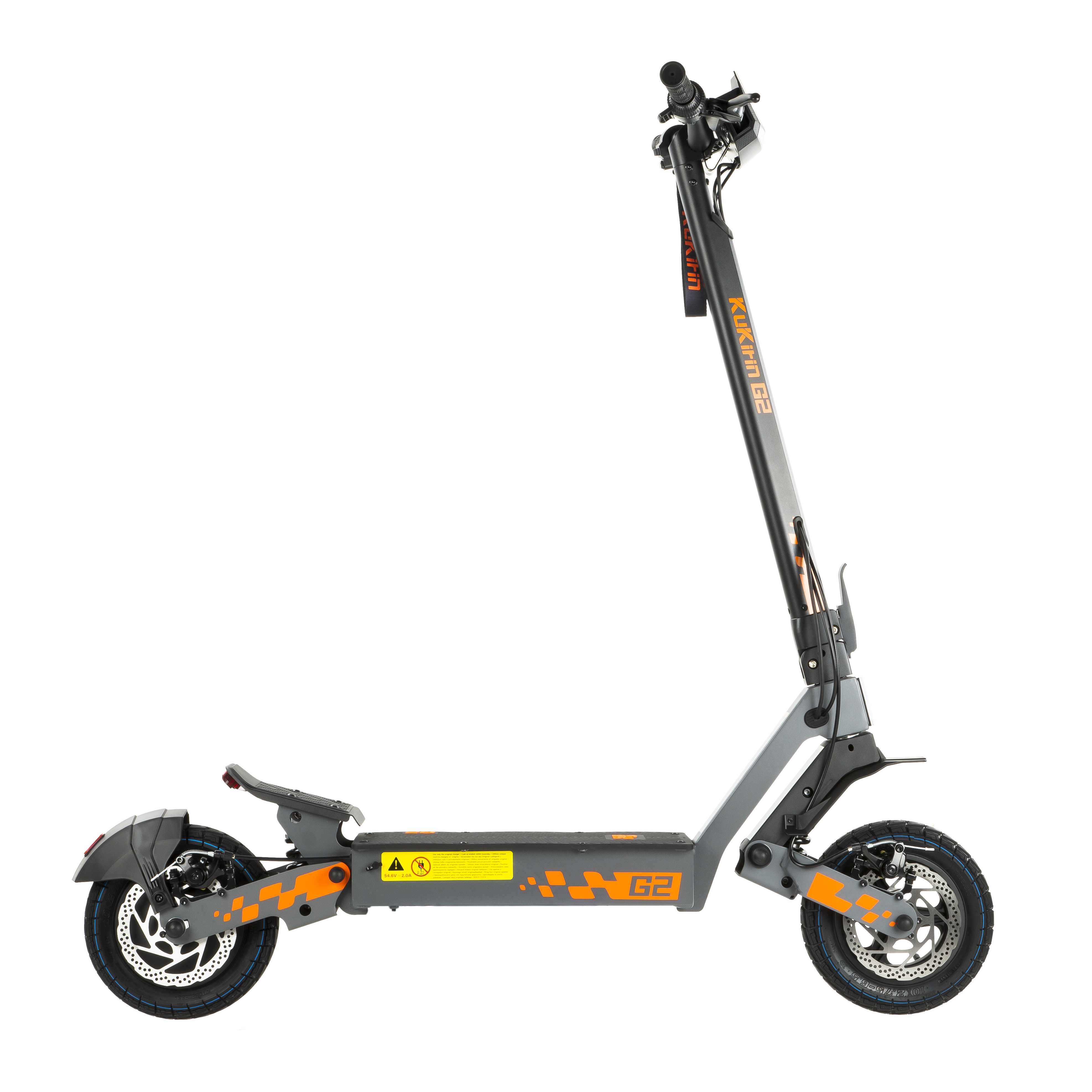 Ein grauer Elektroroller mit orangefarbenen Akzenten und dem Schriftzug "Kukirin G2".