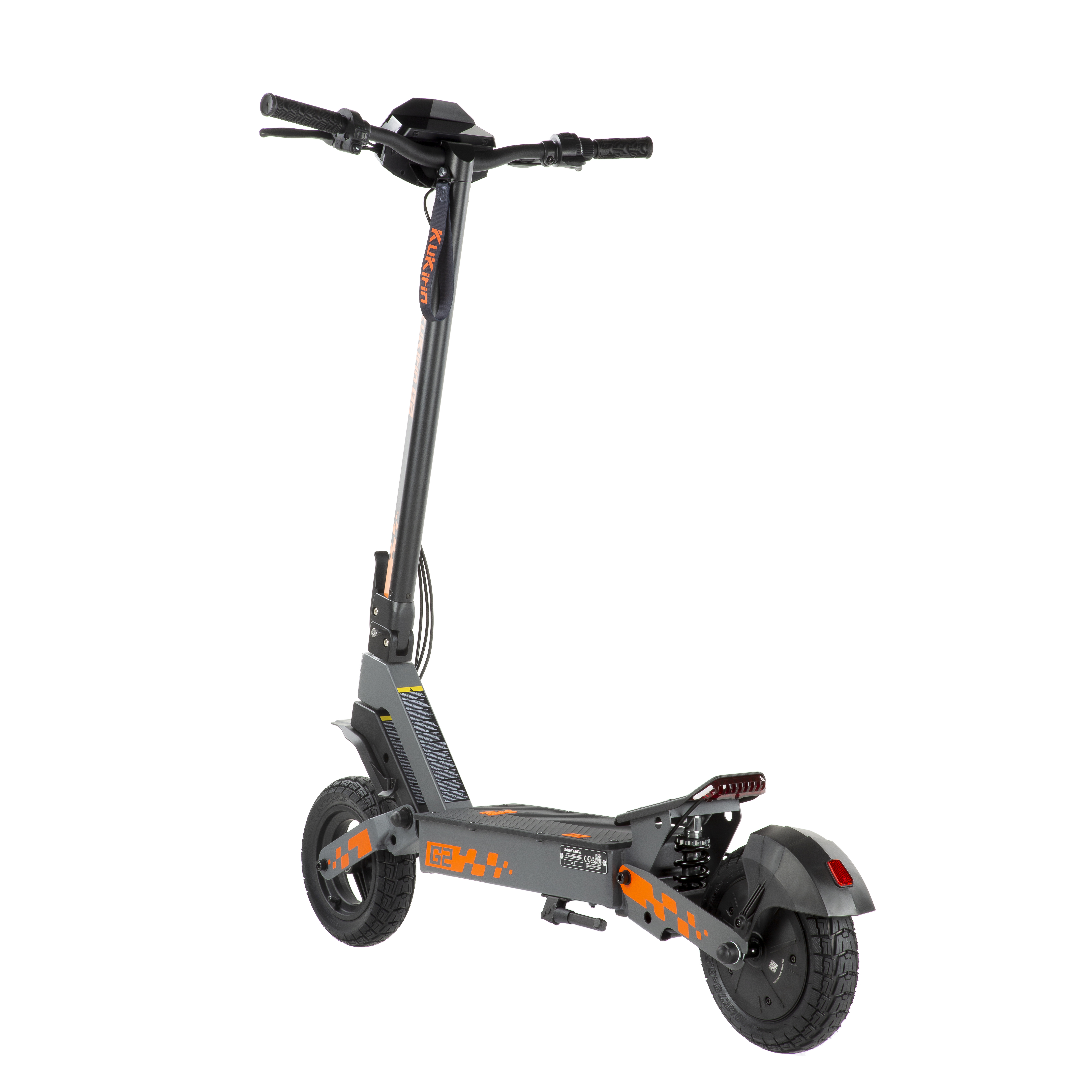 Grauer Elektroroller mit orangefarbenen Akzenten und schwarzen Rädern.