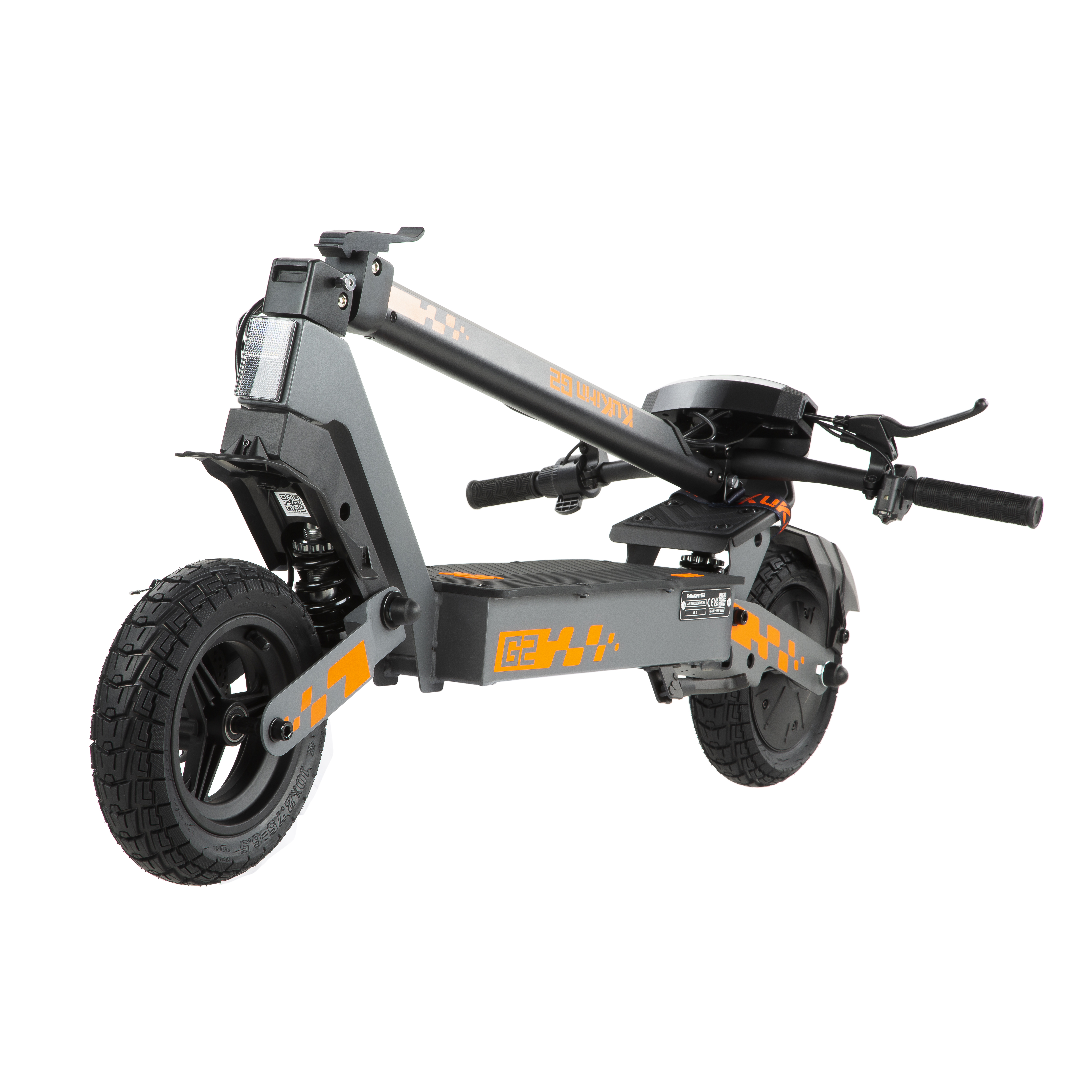 Grauer Elektroroller mit orangefarbenen Akzenten und schwarzen Rädern.